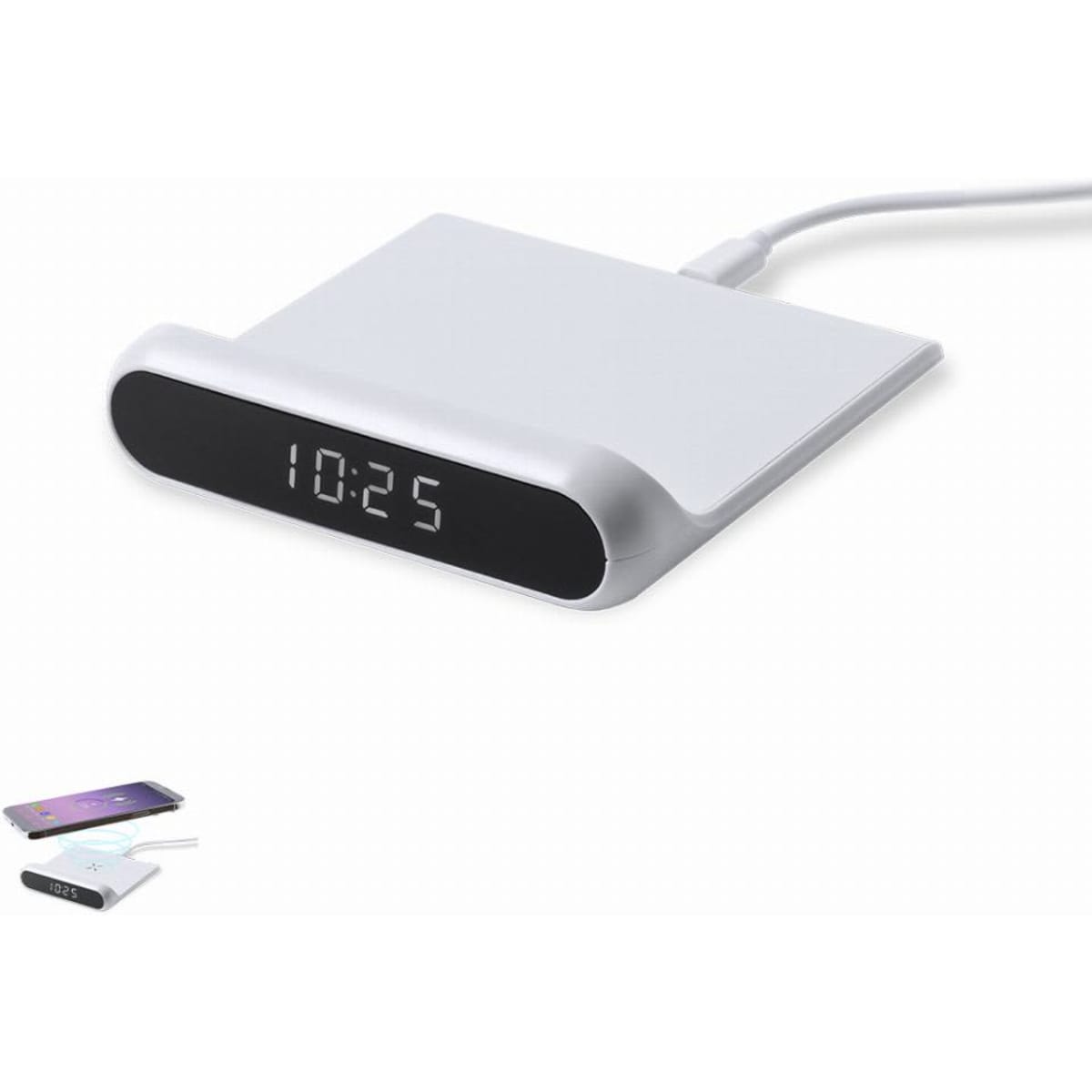 A wireless charging pad in white with a digital clock display showing the time 10:25. It features a sleek design and includes a logo.