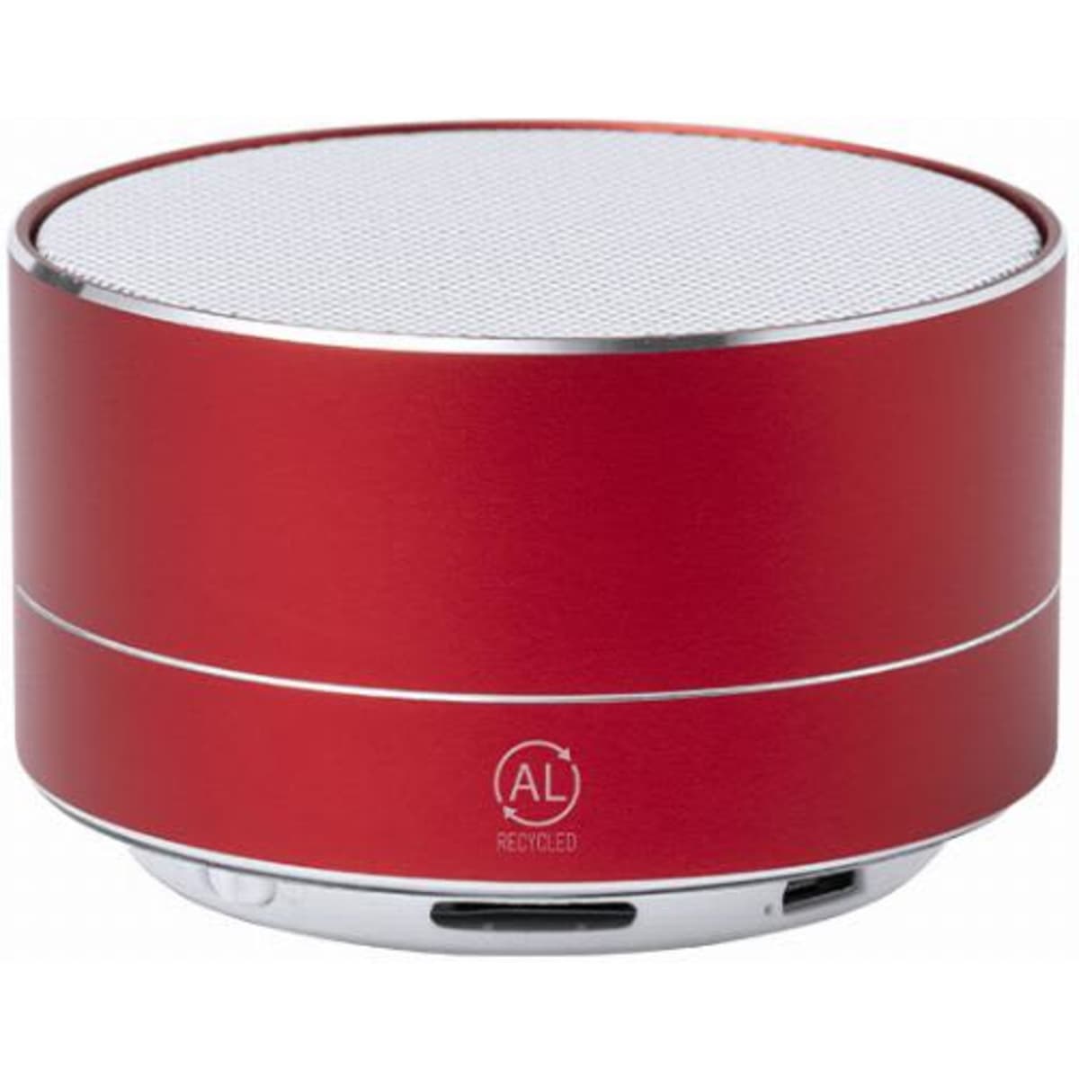 A red portable speaker with a circular design, featuring a metal grille on top and a logo on the front.
