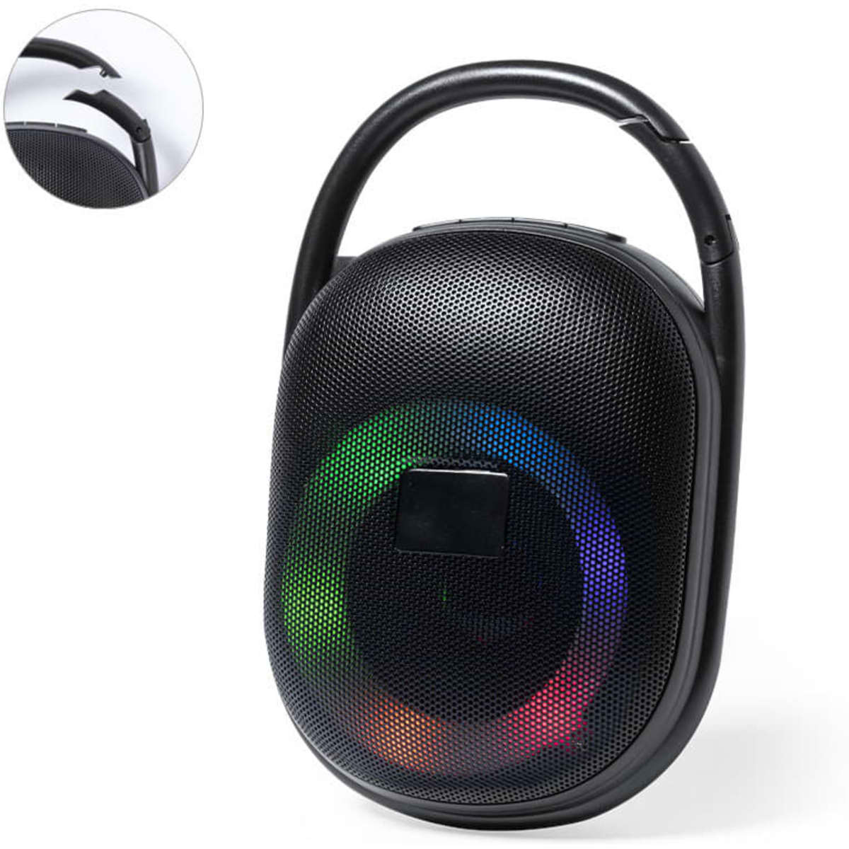 A portable speaker with a handle, featuring a black exterior and colourful LED lights around the front.