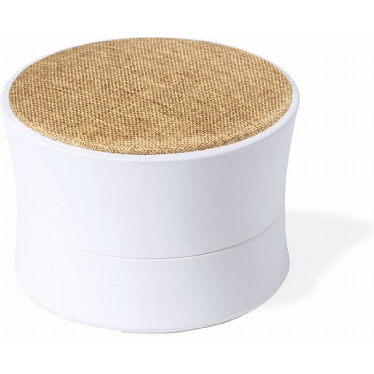 A round storage container in white with a natural woven top, featuring a smooth finish and minimalist design.