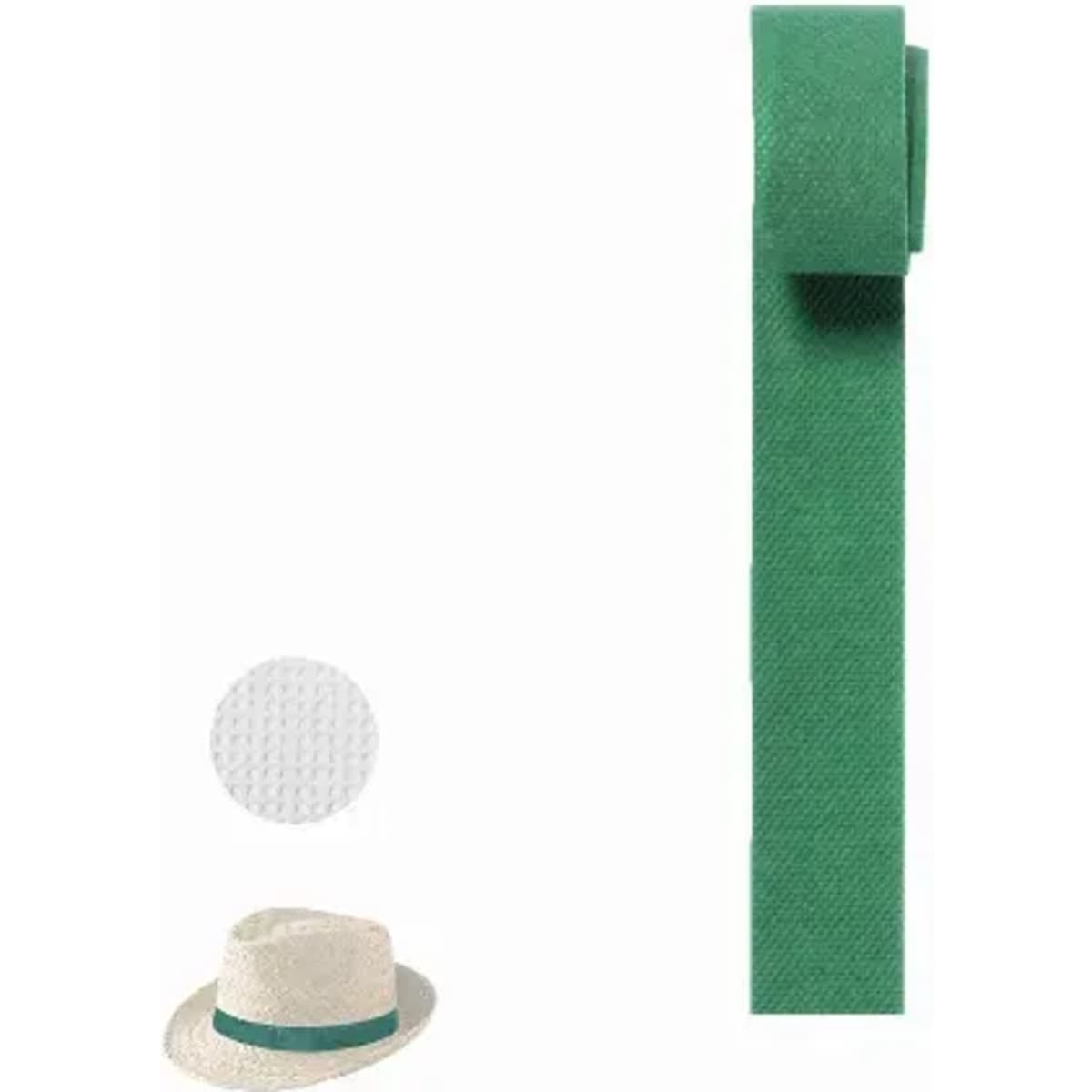 A green ribbon roll, labelled as "Hatband Nwovenband," alongside a straw hat with a matching green band.