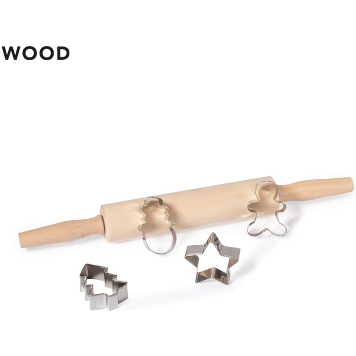 A wooden rolling pin with metal cookie cutters in star and bear shapes, alongside a circular cutter.