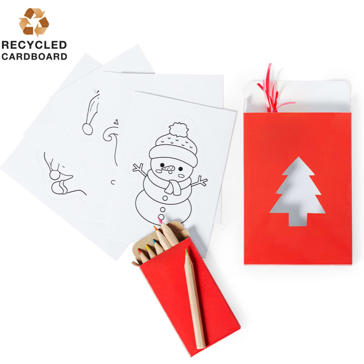 A red gift bag featuring a tree cut-out, with colouring sheets and coloured pencils arranged beside it.