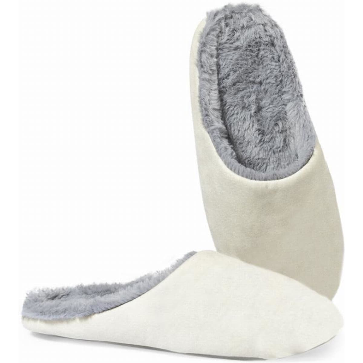 A pair of soft, cream-coloured slippers with grey fuzzy lining, showcasing a comfortable and casual design.