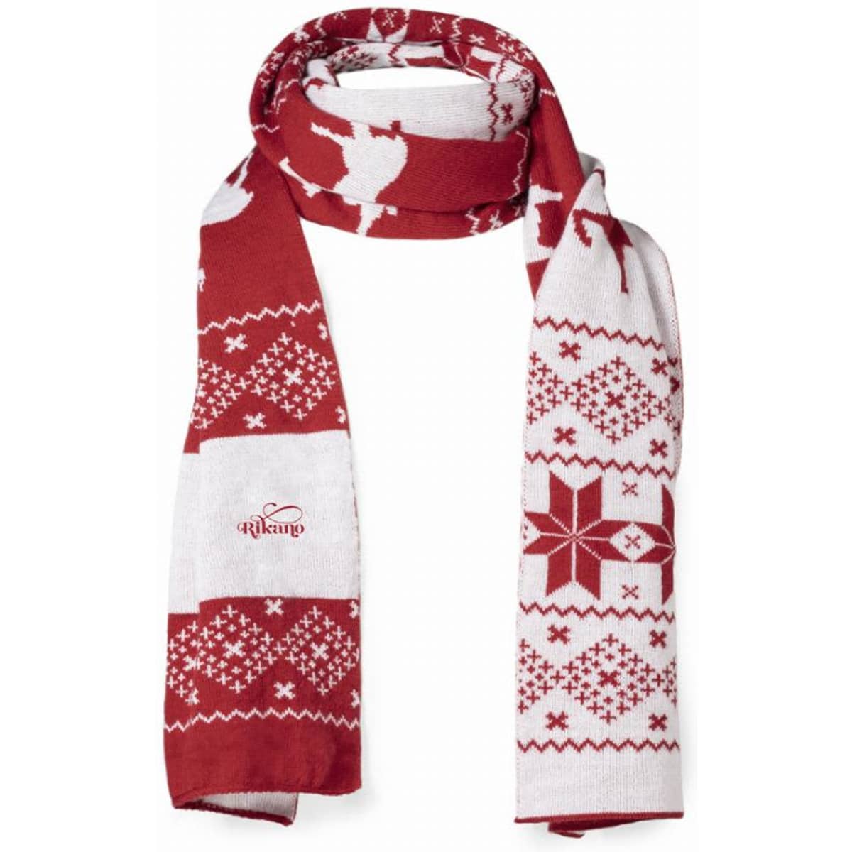 A red and white patterned scarf featuring festive designs and a logo.