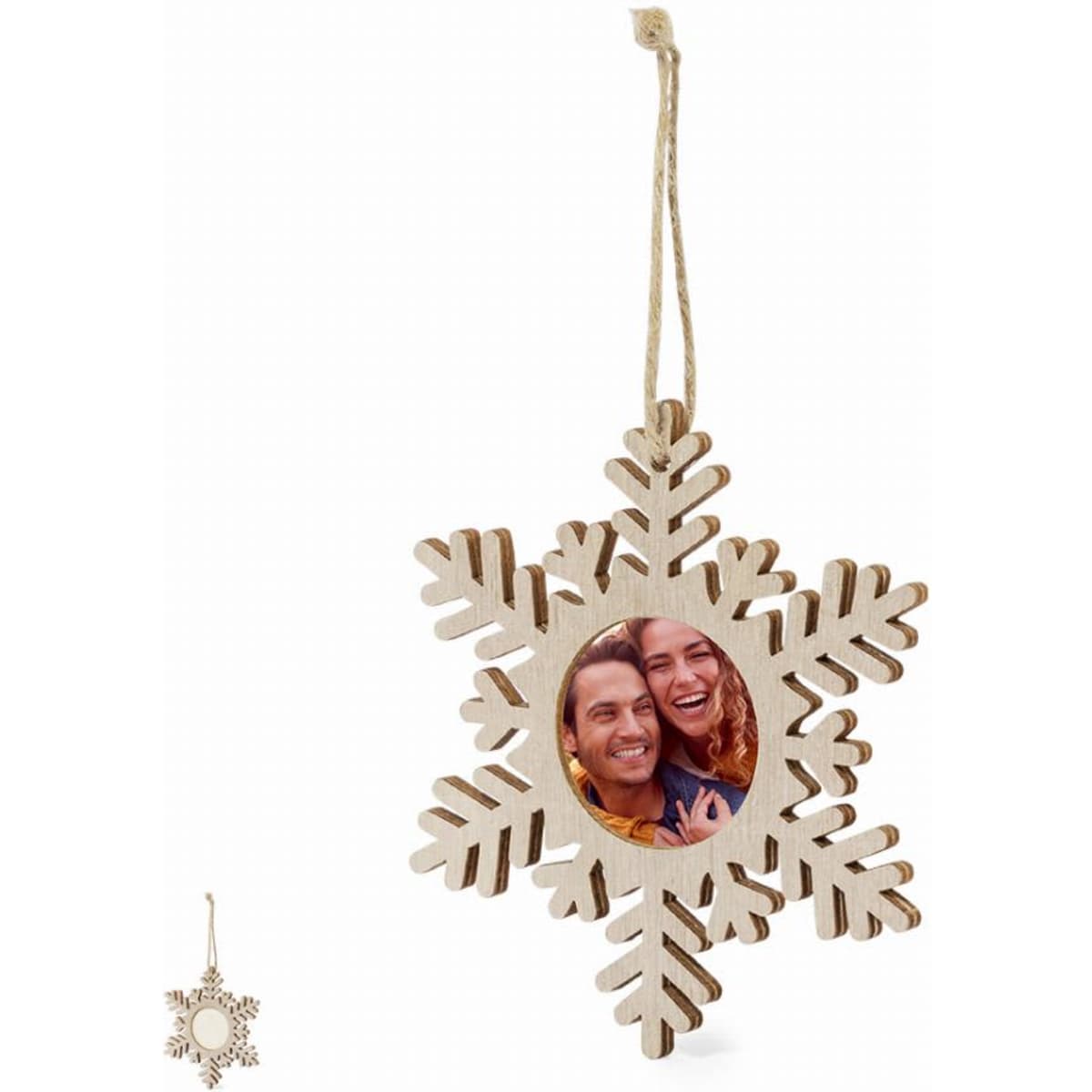 A wooden snowflake-shaped ornament with a circular frame for a photo, featuring a natural wood finish and a hanging string.