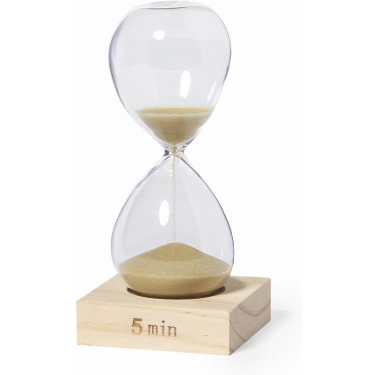 An hourglass timer with a wooden base, featuring clear glass and light sand, measuring five minutes.