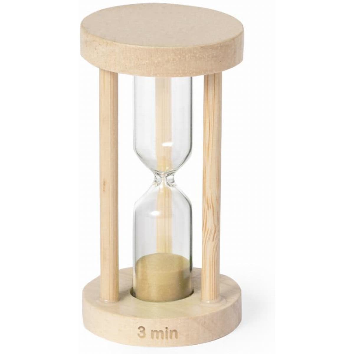 A wooden hourglass with a clear glass center filled with sand, measuring three minutes.