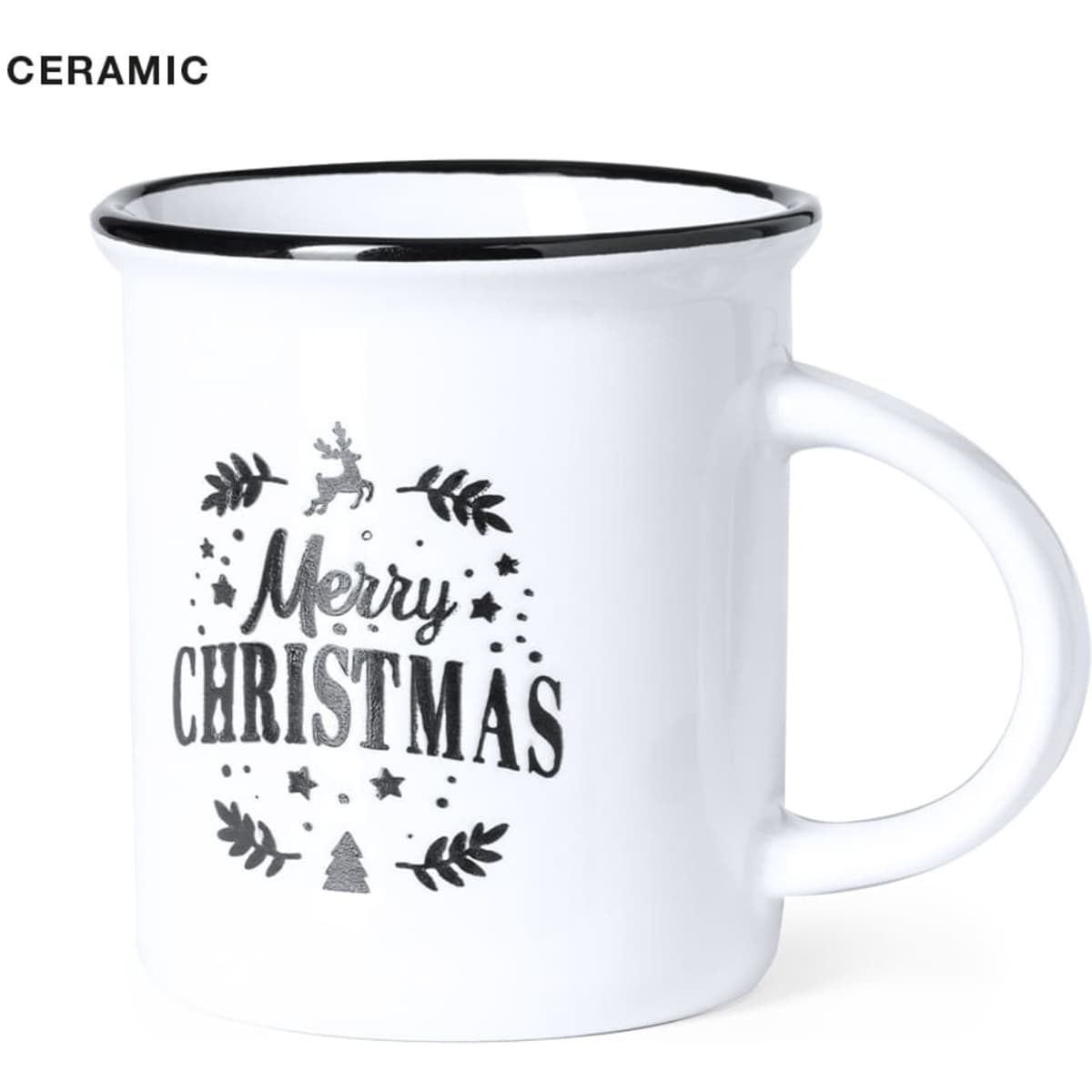A ceramic mug in white with a black rim, featuring a festive "Merry Christmas" design.