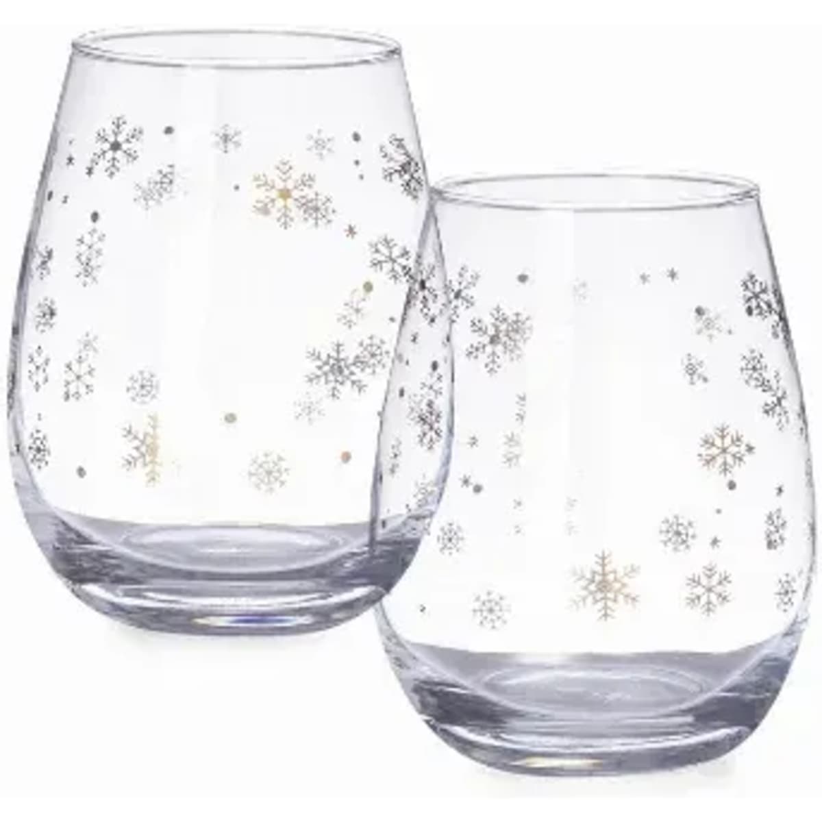A set of clear glass tumblers decorated with silver and gold snowflake designs. Two glasses are shown side by side.