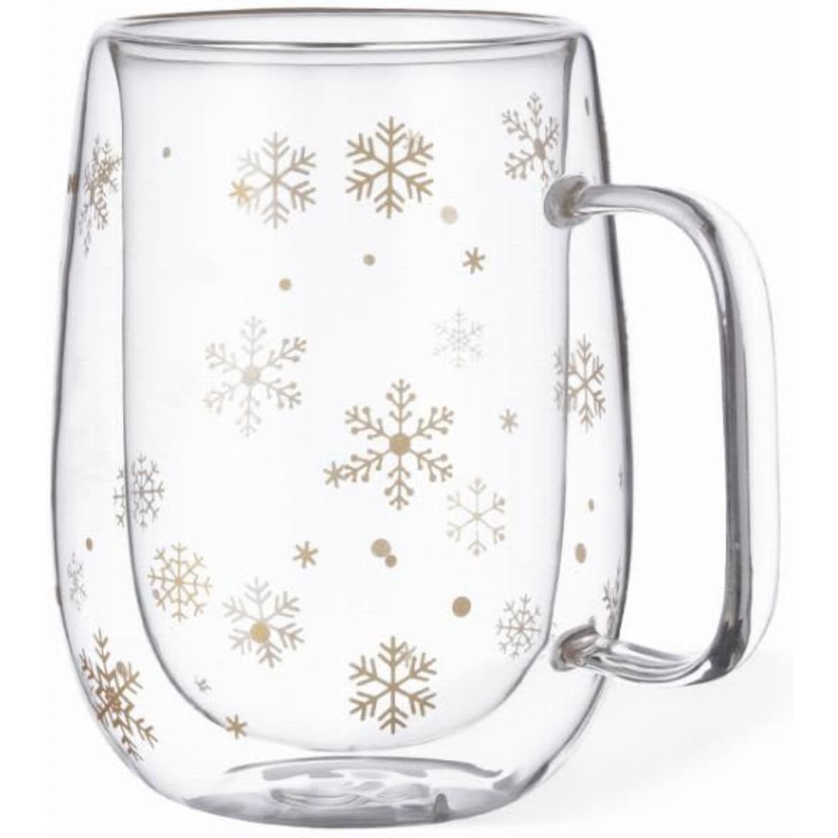 A clear glass mug featuring decorative gold snowflakes, with a sturdy handle and a rounded shape.