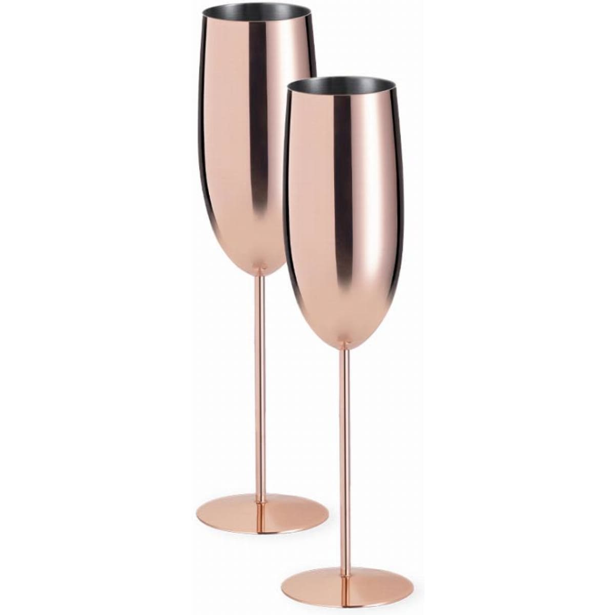 A pair of rose gold champagne flutes with a sleek design and polished finish. Each flute stands on a round base.