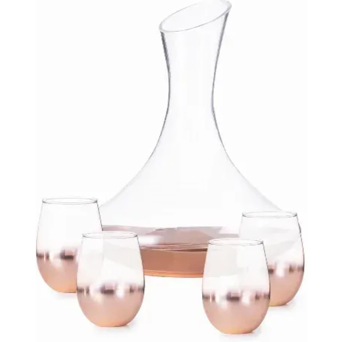 A drink bottle and four matching glasses in clear and rose-gold colours, featuring a sleek design and a branding logo.