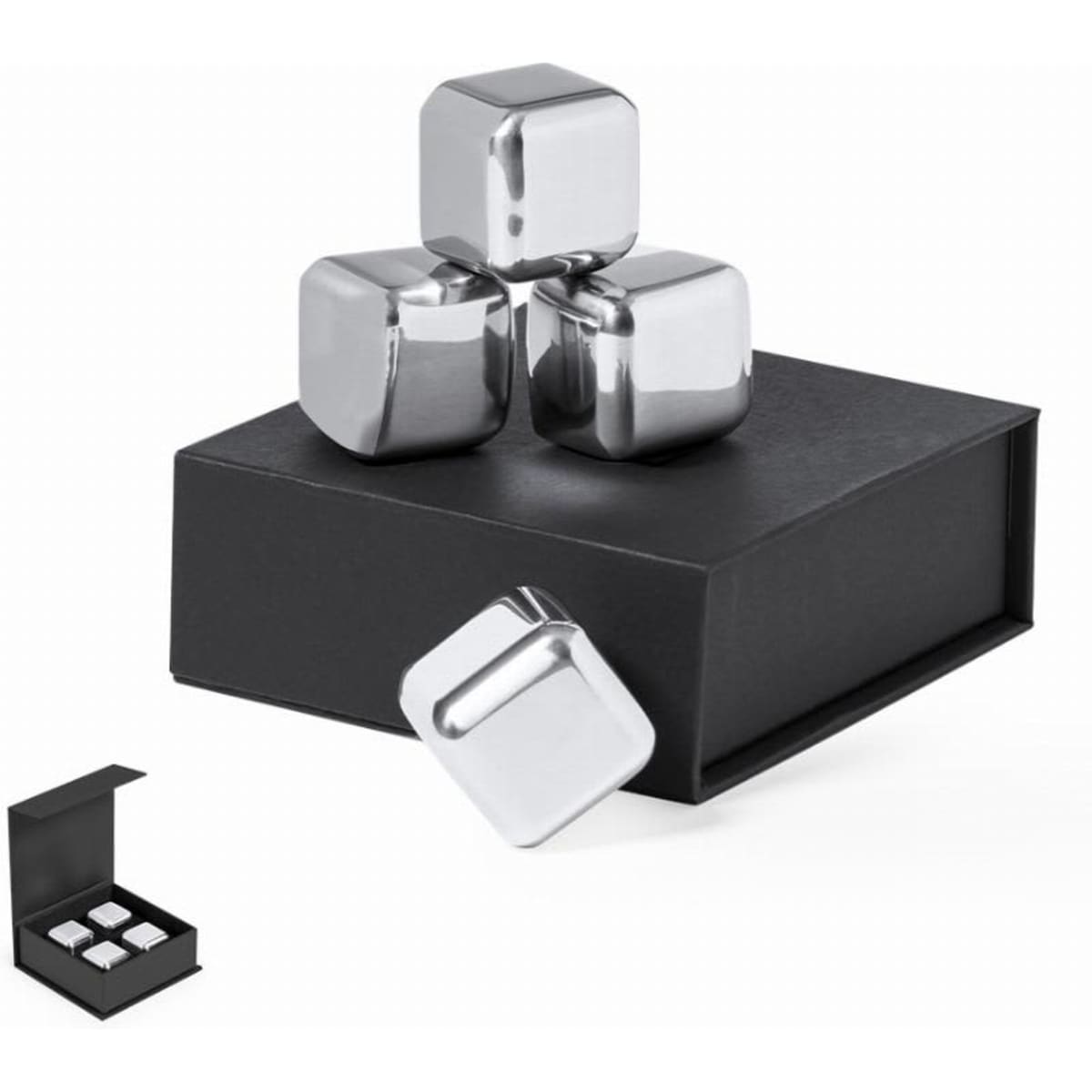 A set of four stainless steel ice cubes in a black gift box, with one cube resting outside the box.