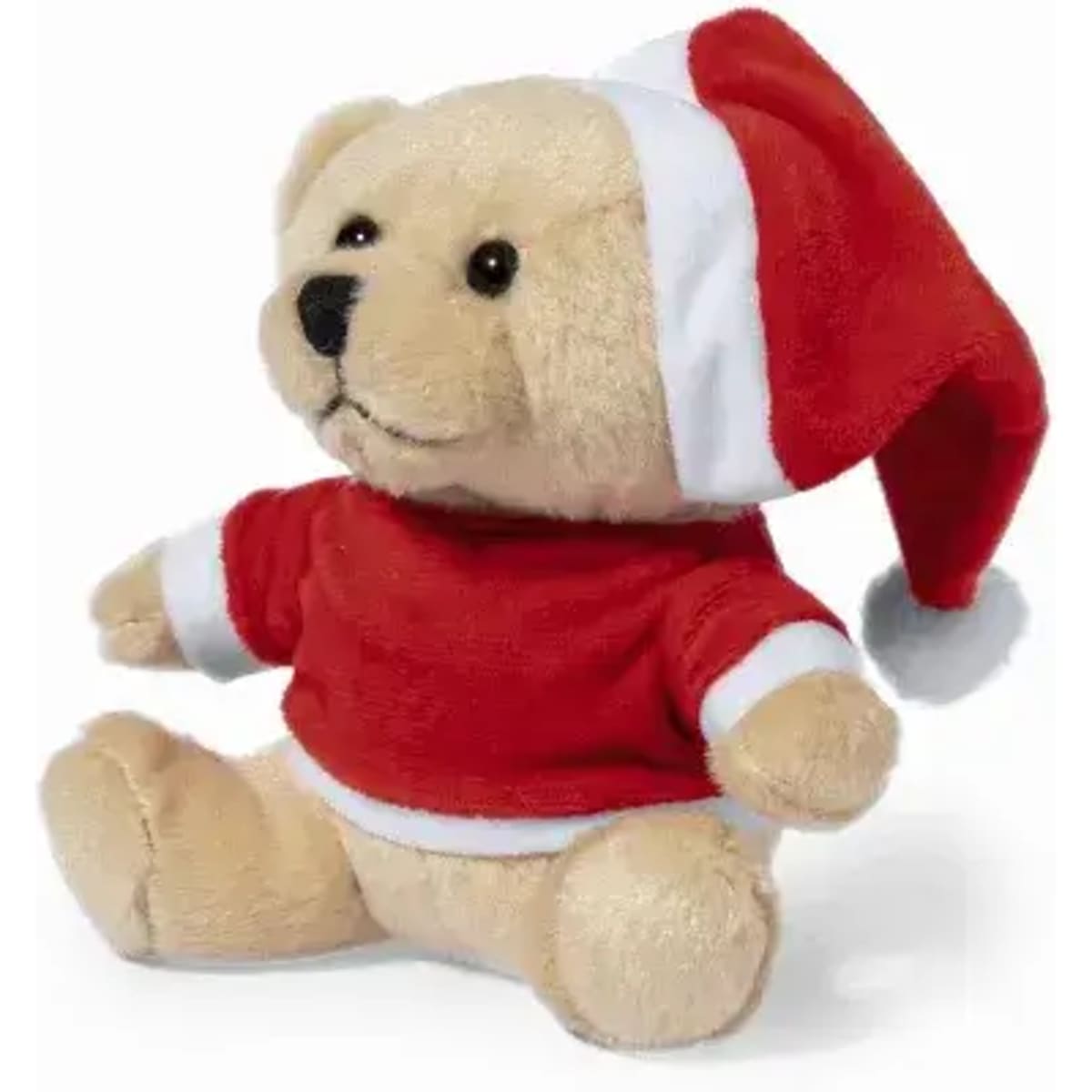 A plush teddy bear wearing a festive red Santa hat and a red shirt with white trim.