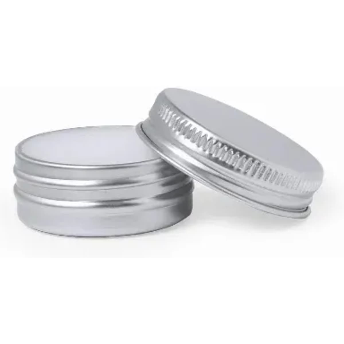 A silver metal container with a smooth lid and a ribbed edge, stacked on top of another similar container.
