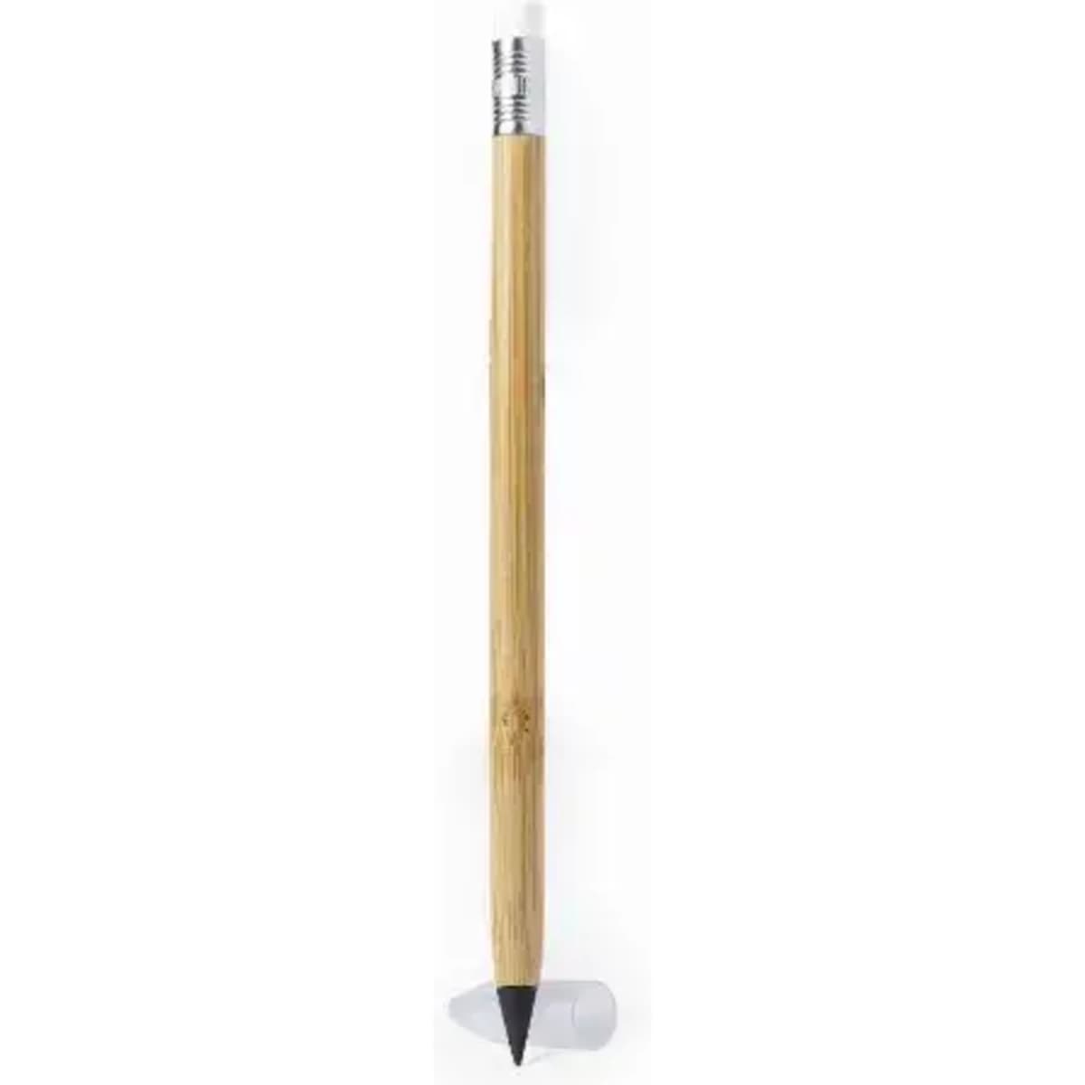 A bamboo pencil with a silver ferrule and an eraser tip. The pencil is unsharpened and features a natural finish.