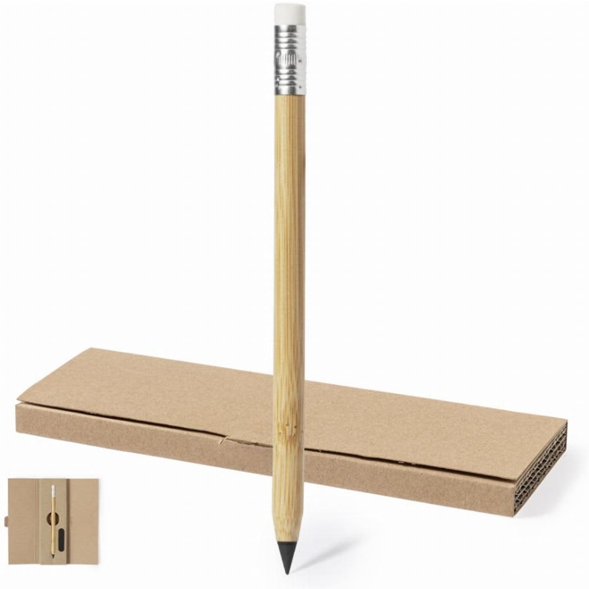 A bamboo pencil with a silver ferrule and eraser, placed on a cardboard box.