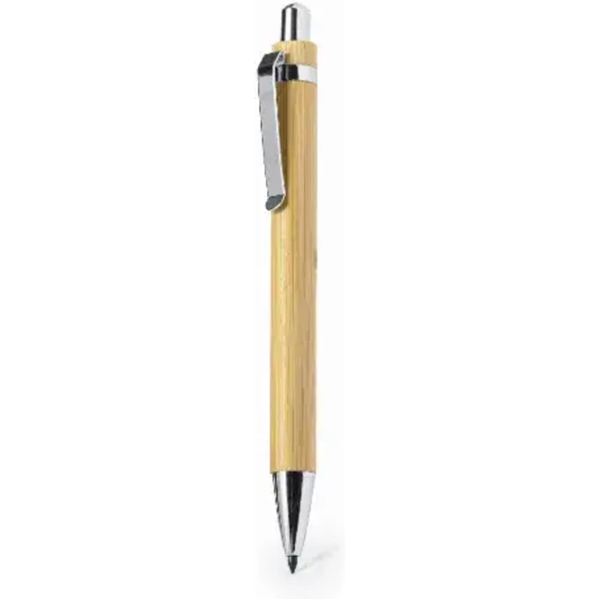 A pen with a bamboo body and chrome accents, featuring a clip for attachment.
