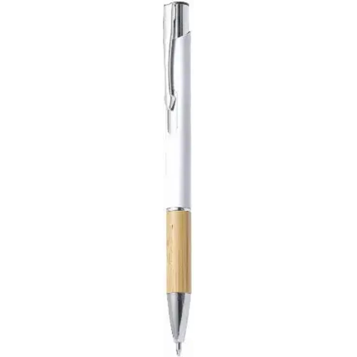 A pen with a silver clip, white barrel, and bamboo grip. It features a shiny silver tip.