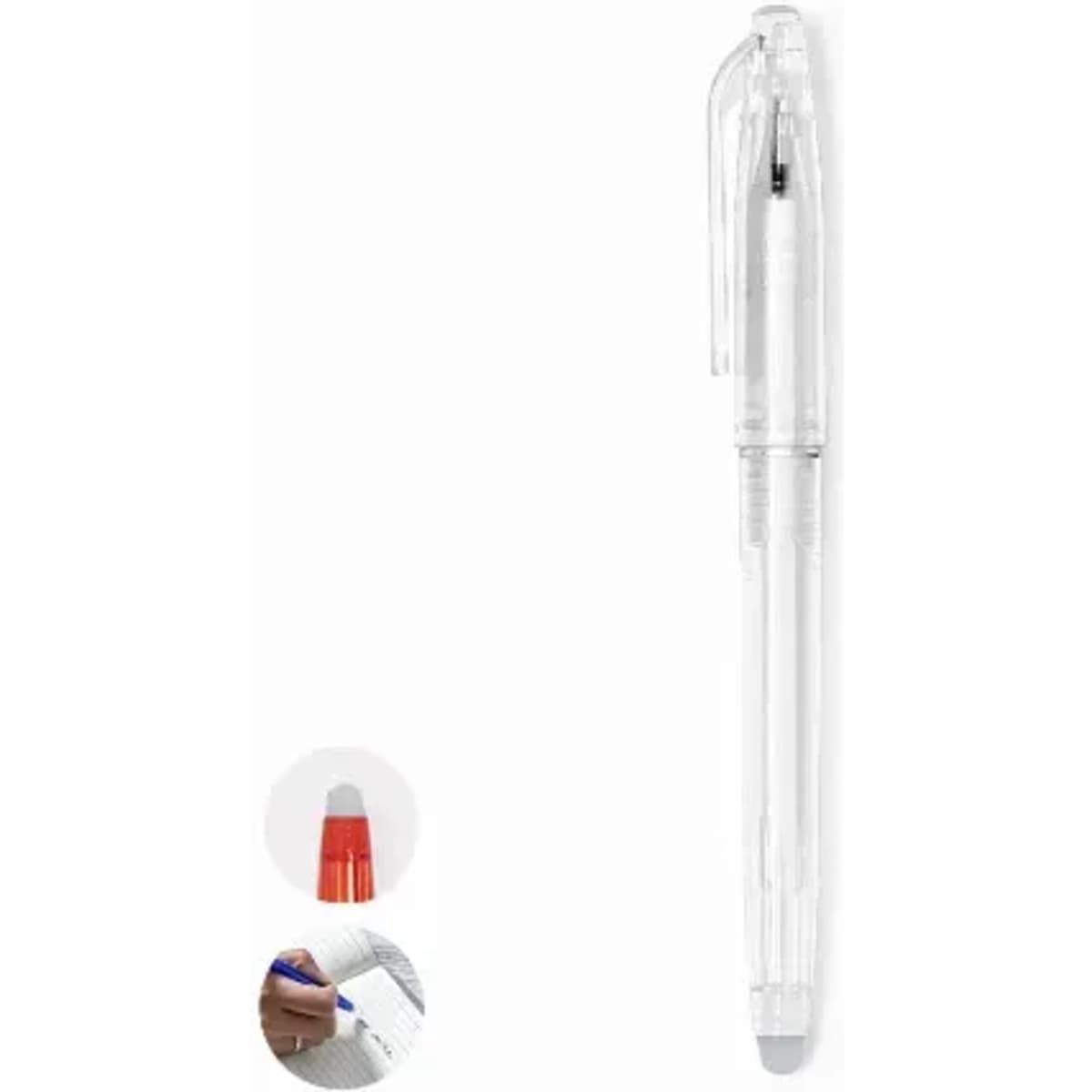 A transparent pen with a blue ink refill and a stylus tip, featuring a clip for attaching to items.