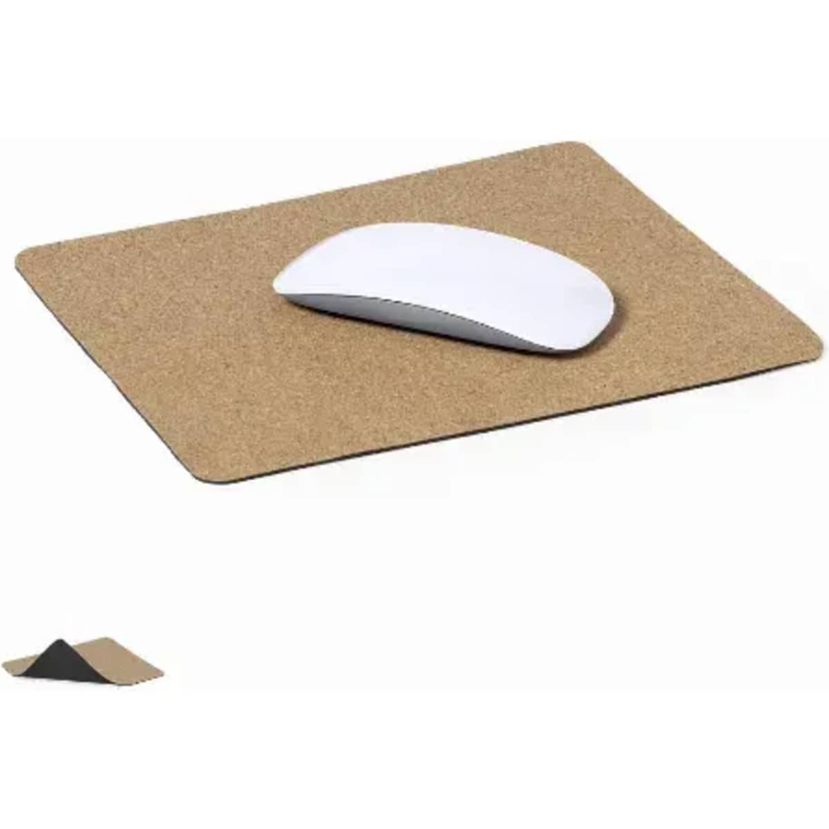 A mouse pad in a natural cork colour with a white wireless mouse on top. The product has a simple design.