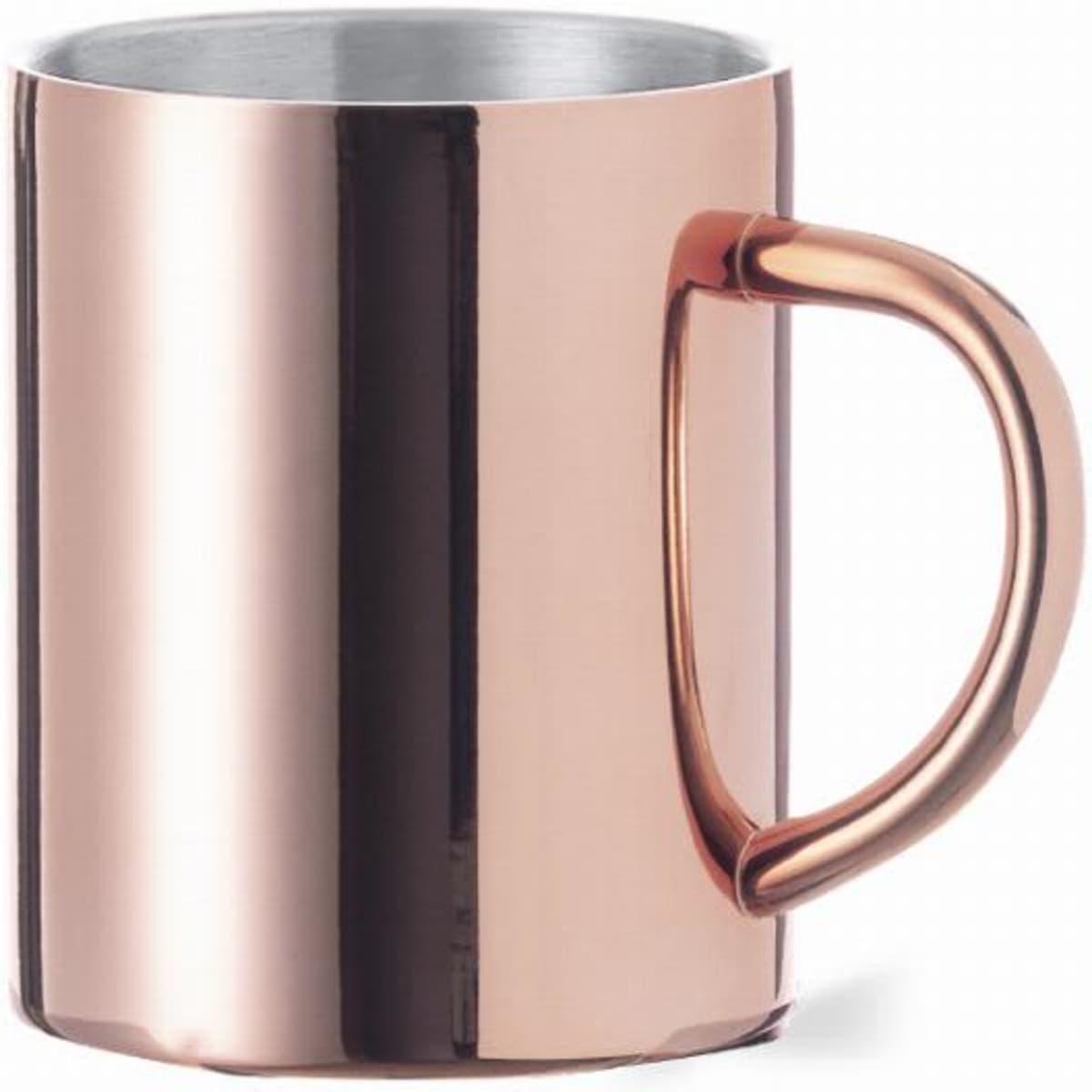 A drink bottle featuring a sleek, rose gold metallic finish with a smooth handle. It has a reflective surface and a simple design.