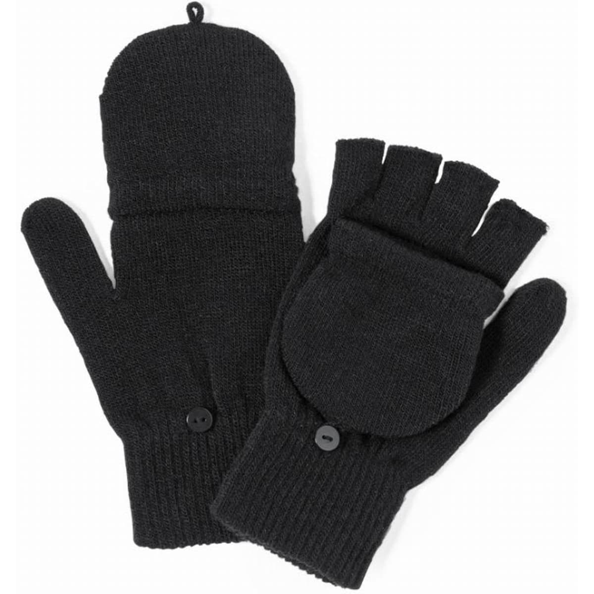A pair of black gloves featuring fingerless design with a flap cover and buttons. The material appears warm and knitted.