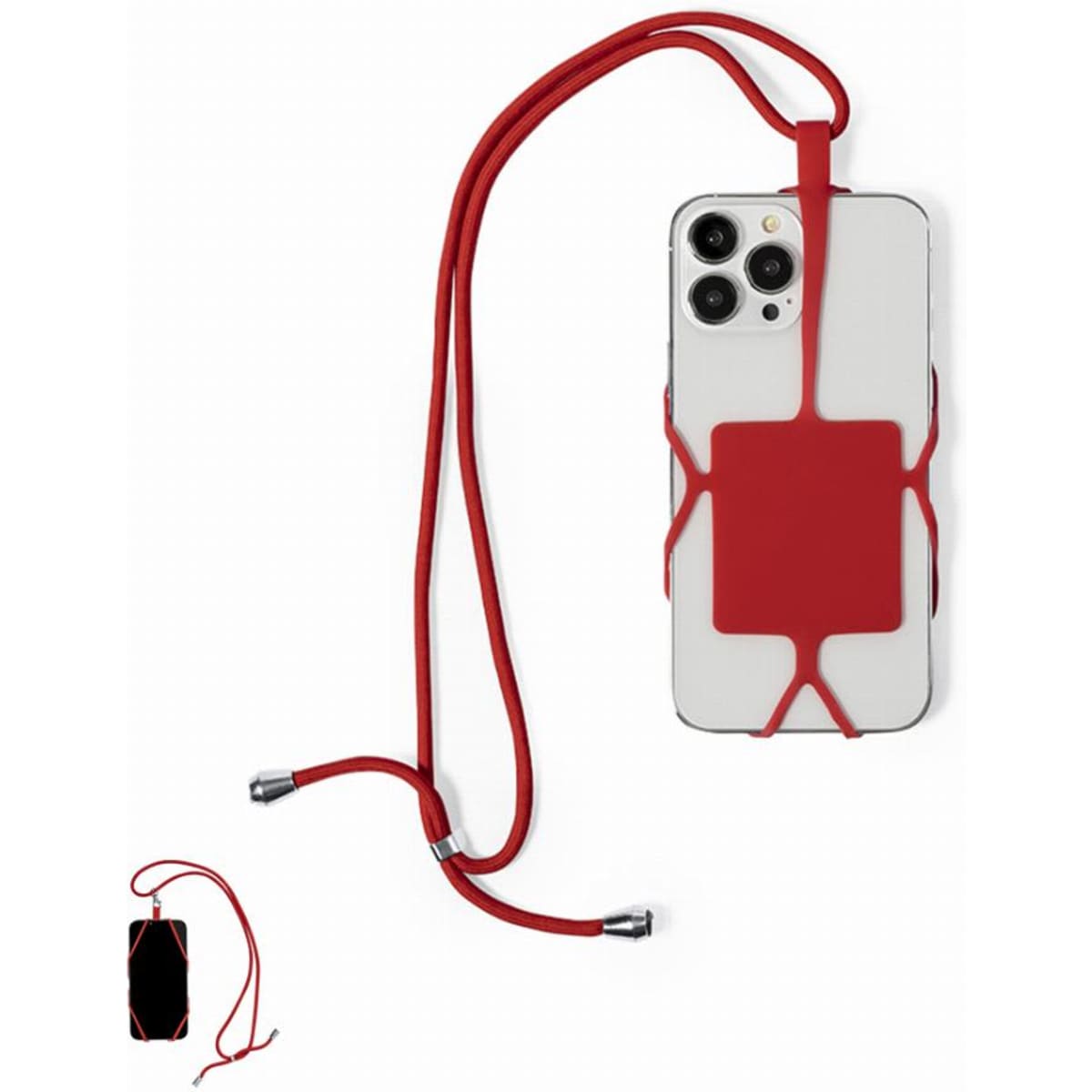 A phone case with a red strap, designed for carrying the device around the neck. The case features a logo.