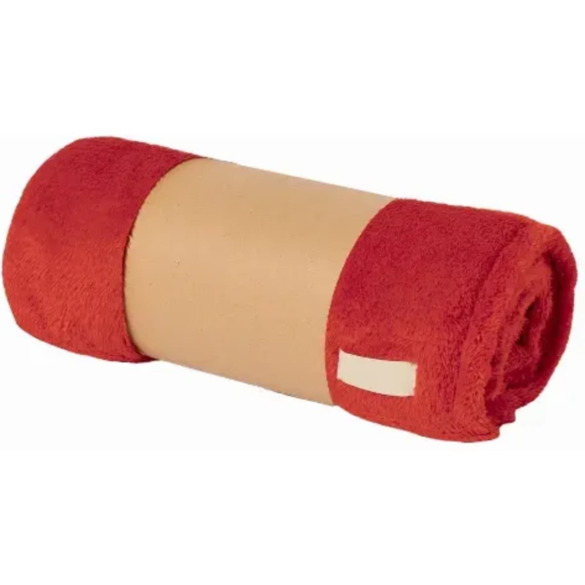 A rolled red towel with a tan band wrapped around it, featuring a small tag.
