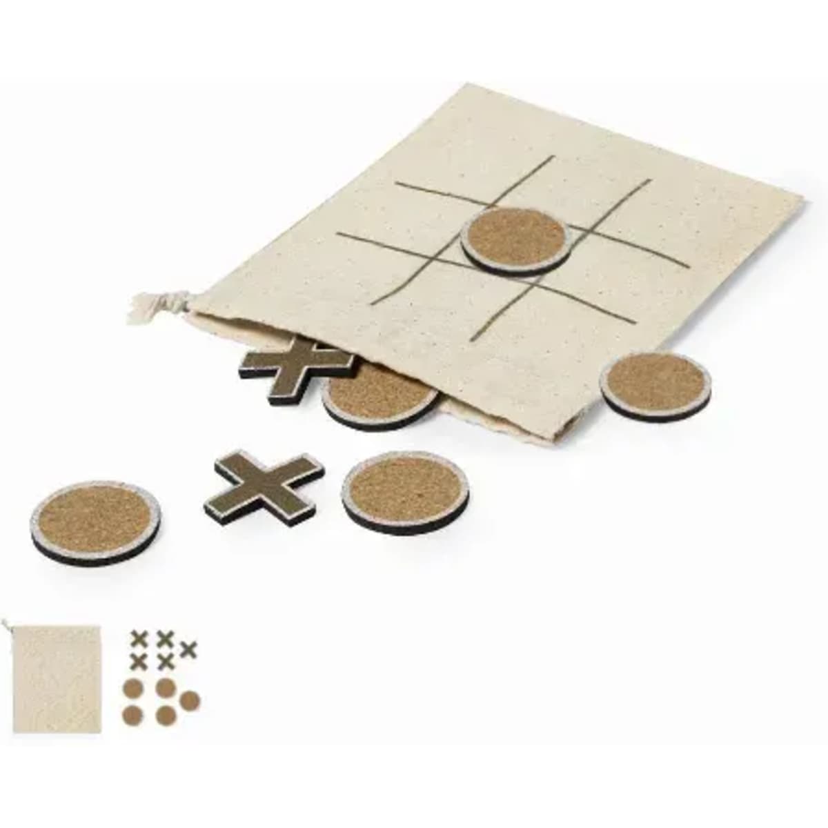 A game set featuring a canvas bag, wooden circle and cross pieces, and a grid for tic-tac-toe.
