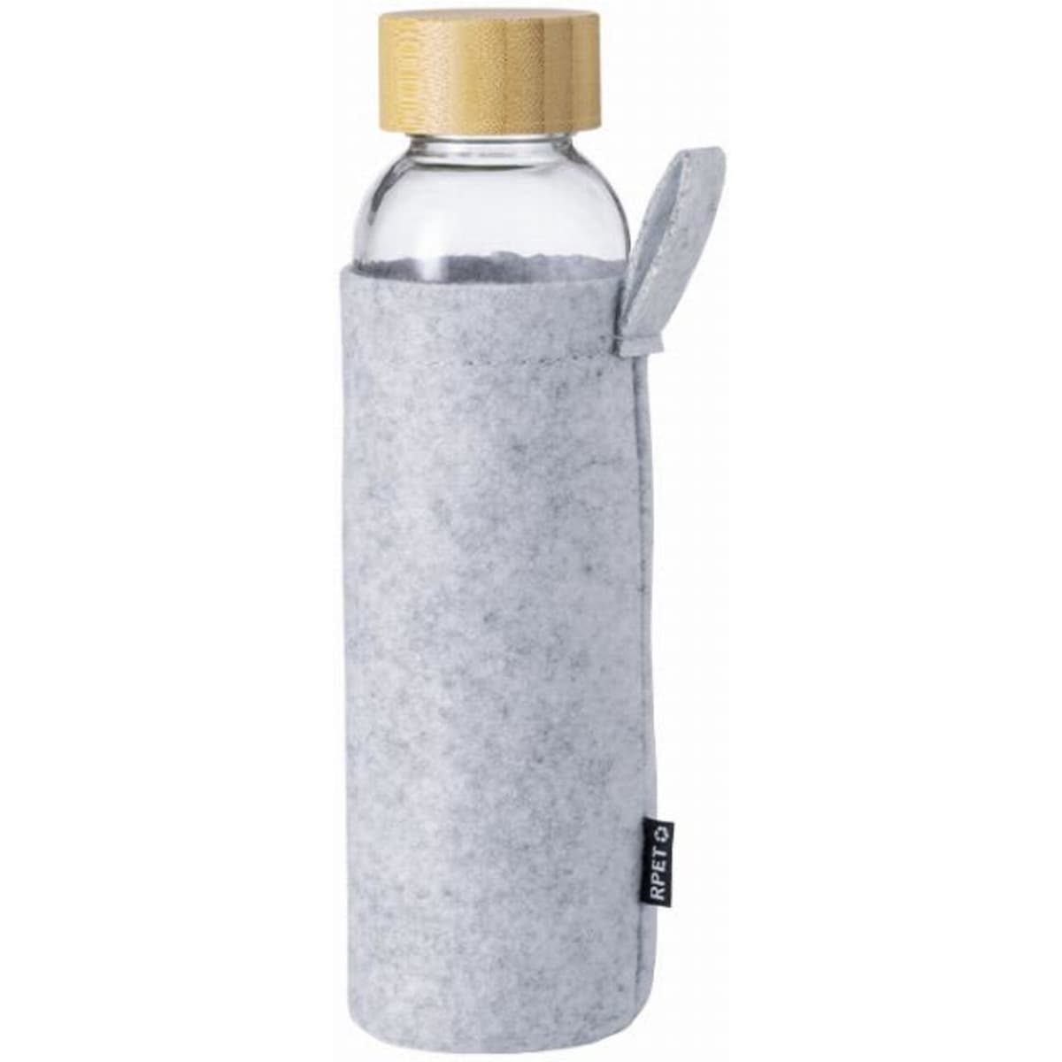 A drink bottle with a bamboo lid in a grey felt sleeve, featuring a small loop and a logo.