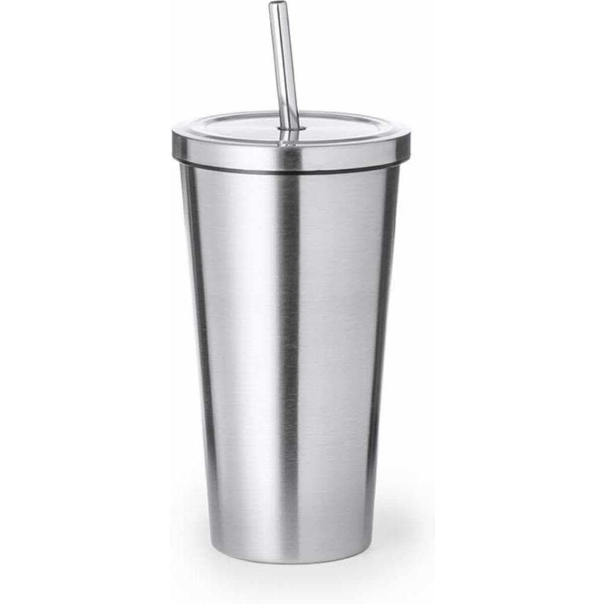 A drink bottle in stainless steel, featuring a straw and a lid, with a sleek, modern design.
