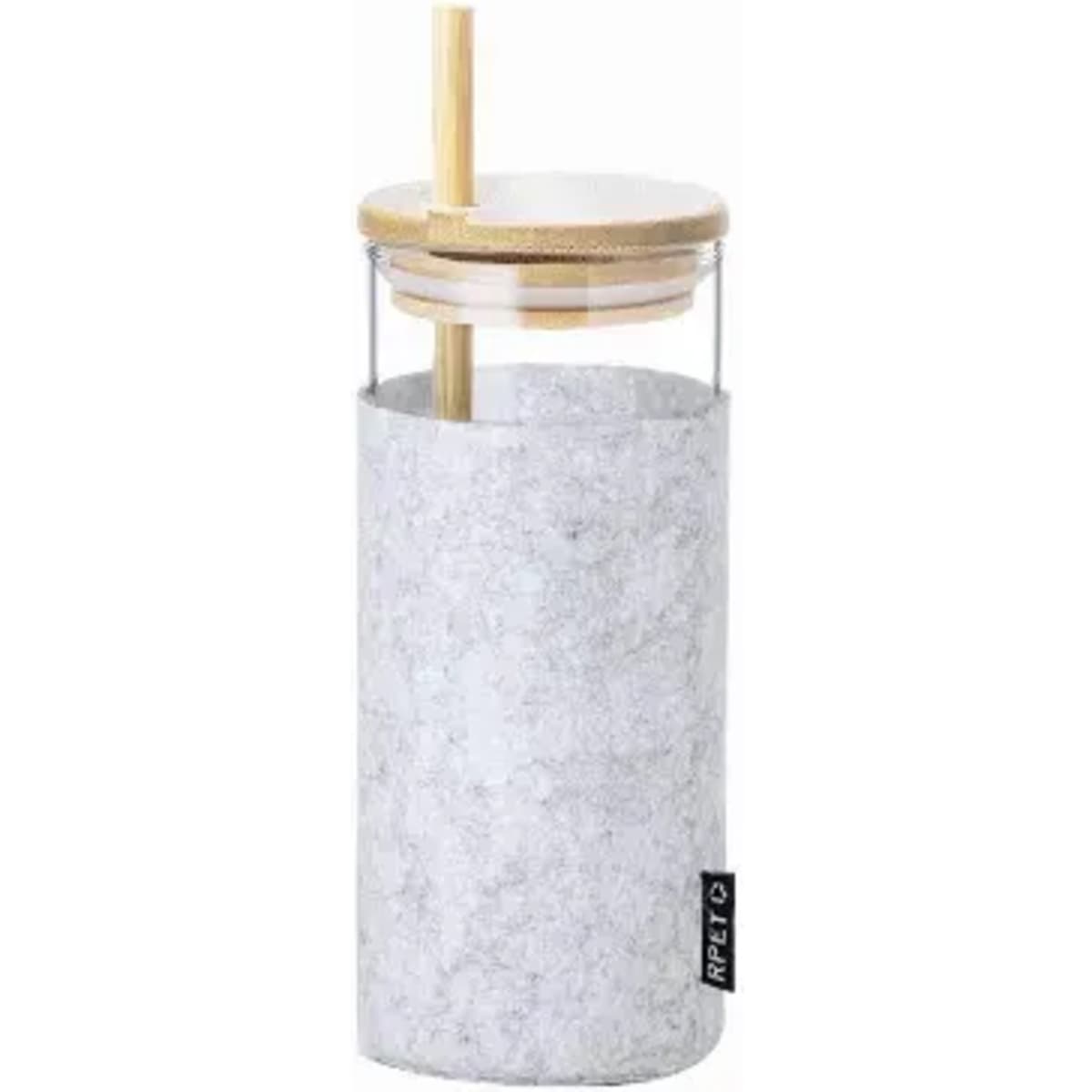 A drink bottle with a clear glass body, grey sleeve, bamboo lid, and a straw. It features a logo on the side.