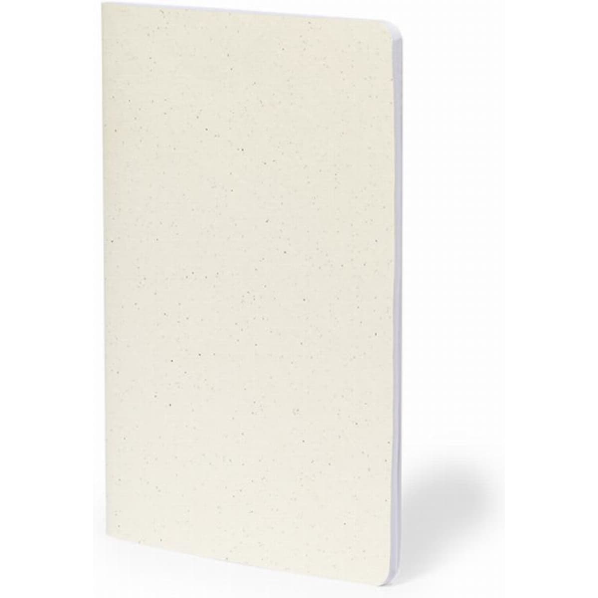 A notebook with a plain cream cover, featuring a subtle speckled texture and a simple design.