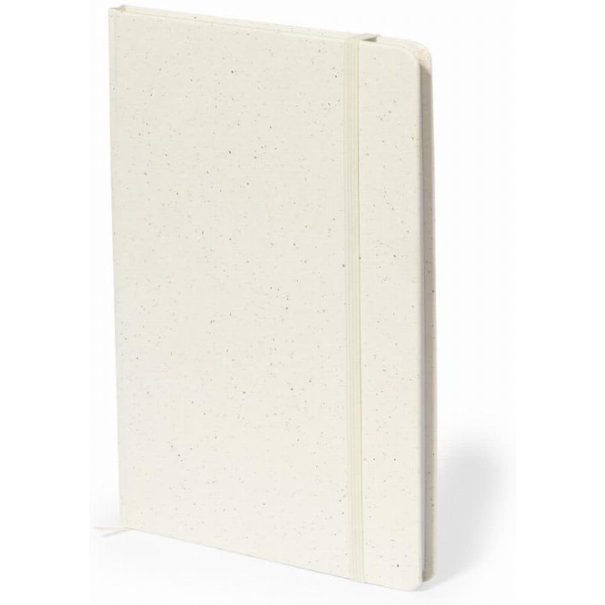 A notebook with a speckled white cover and an elastic band, featuring a plain design.