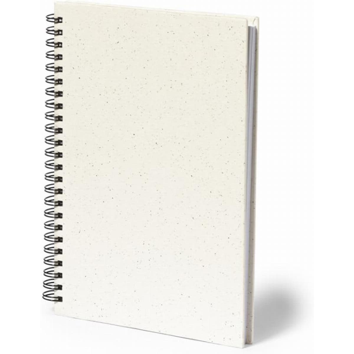 A notebook with a spiral binding and a speckled white cover, featuring a logo on the front.