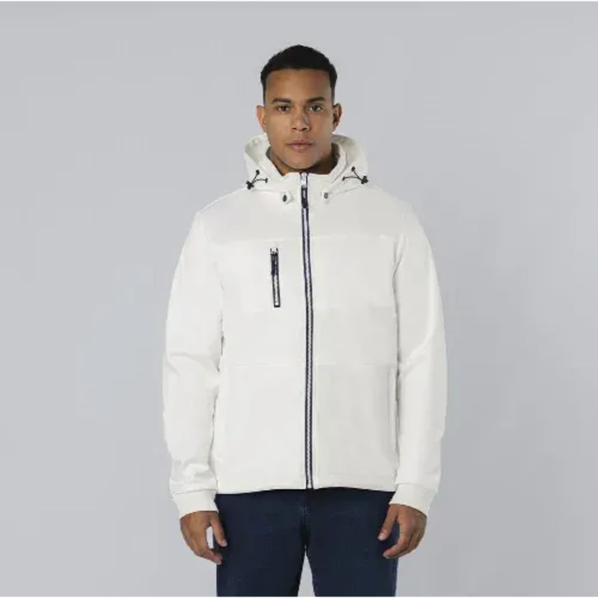 A soft shell jacket in white with a hood, featuring a zippered pocket and a branded logo.