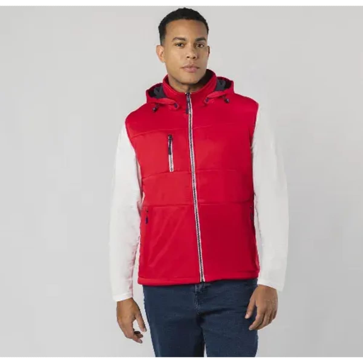 A red soft shell jacket with a hood, featuring contrasting white sleeves and a branded logo.