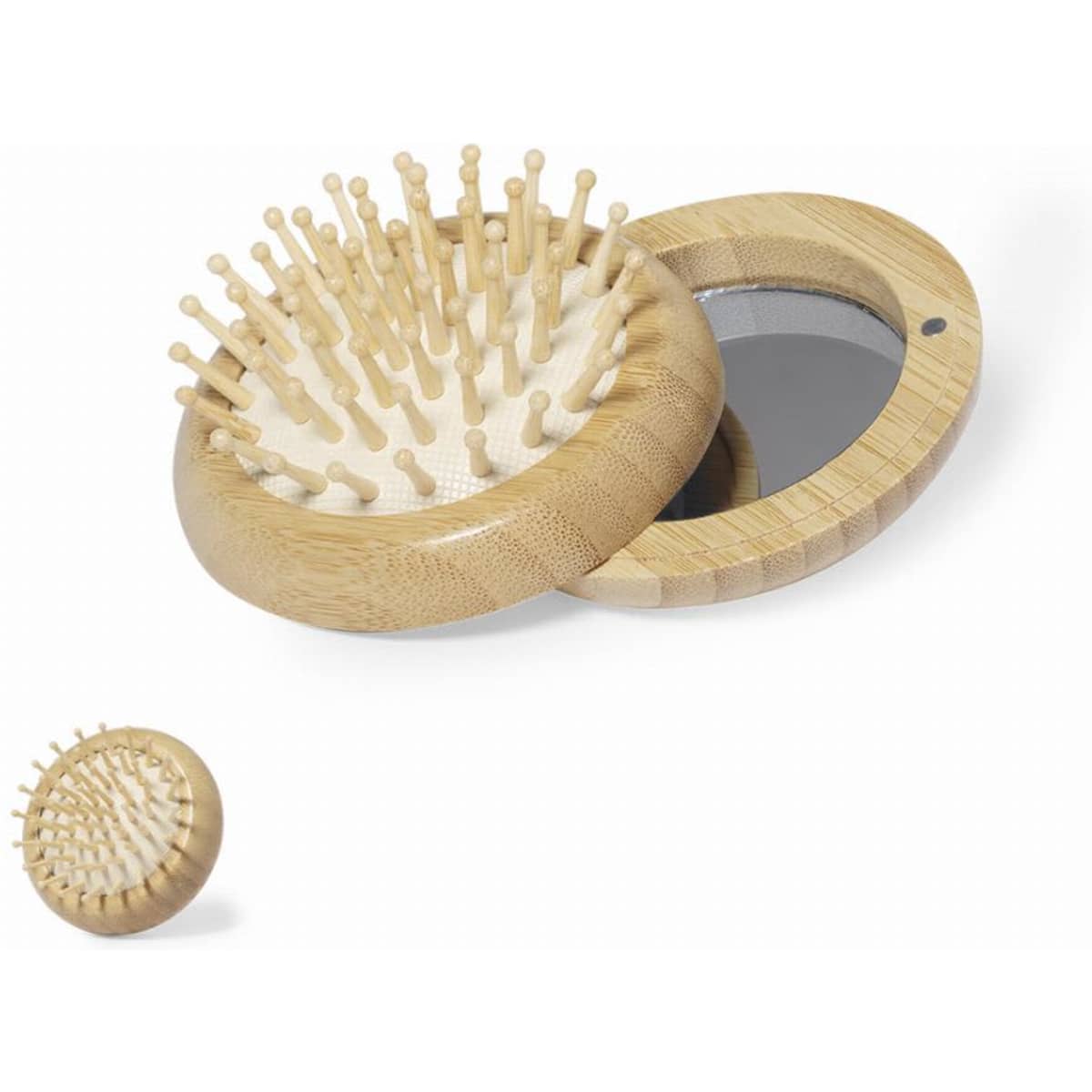 A hairbrush with wooden bristles and a circular mirror, both featuring a light wood finish.