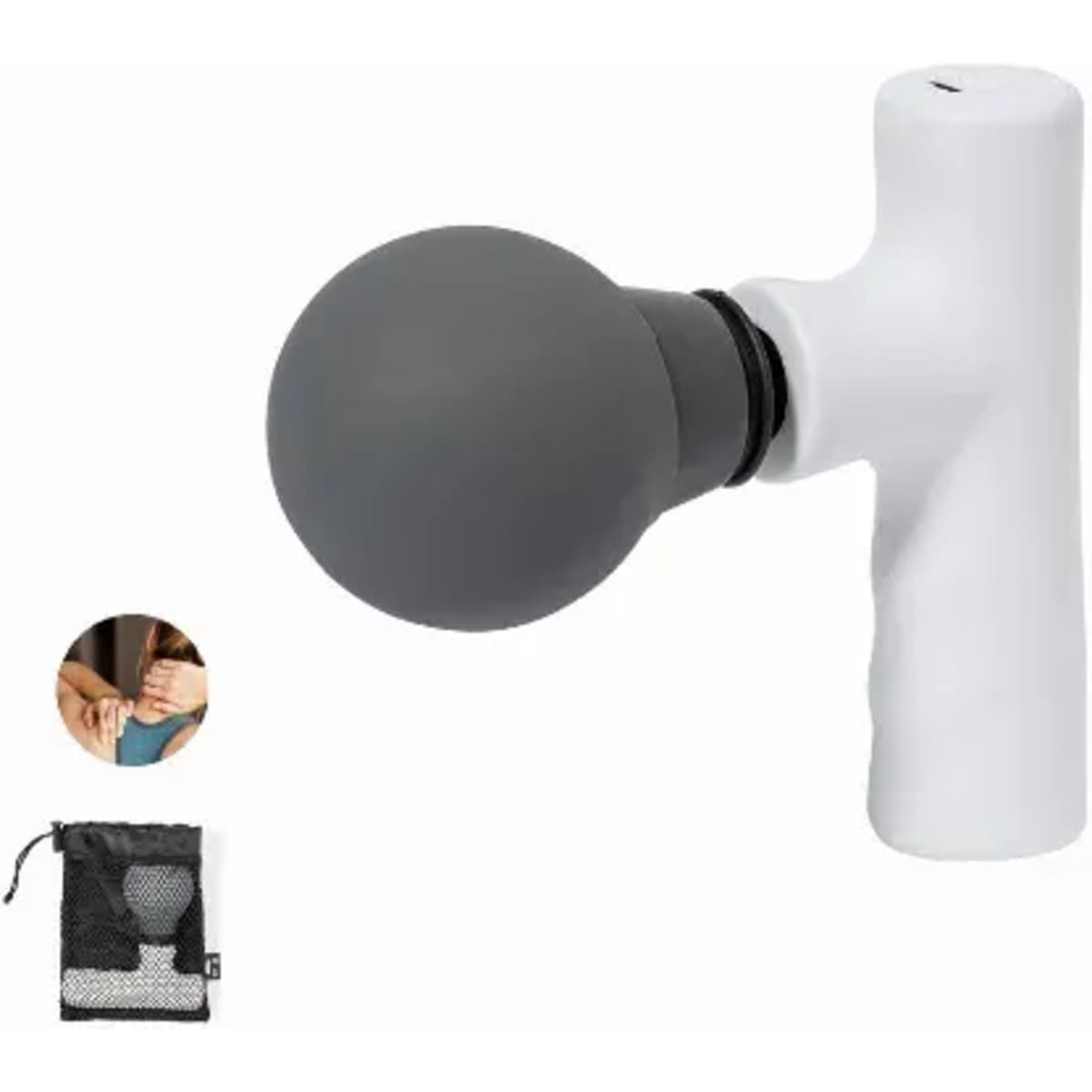 A massage tool with a grey round head and a white handle, accompanied by a storage bag.