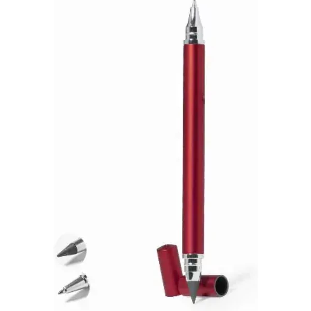 A red promotional pen with a sleek design and two interchangeable tips, featuring a logo on the barrel.