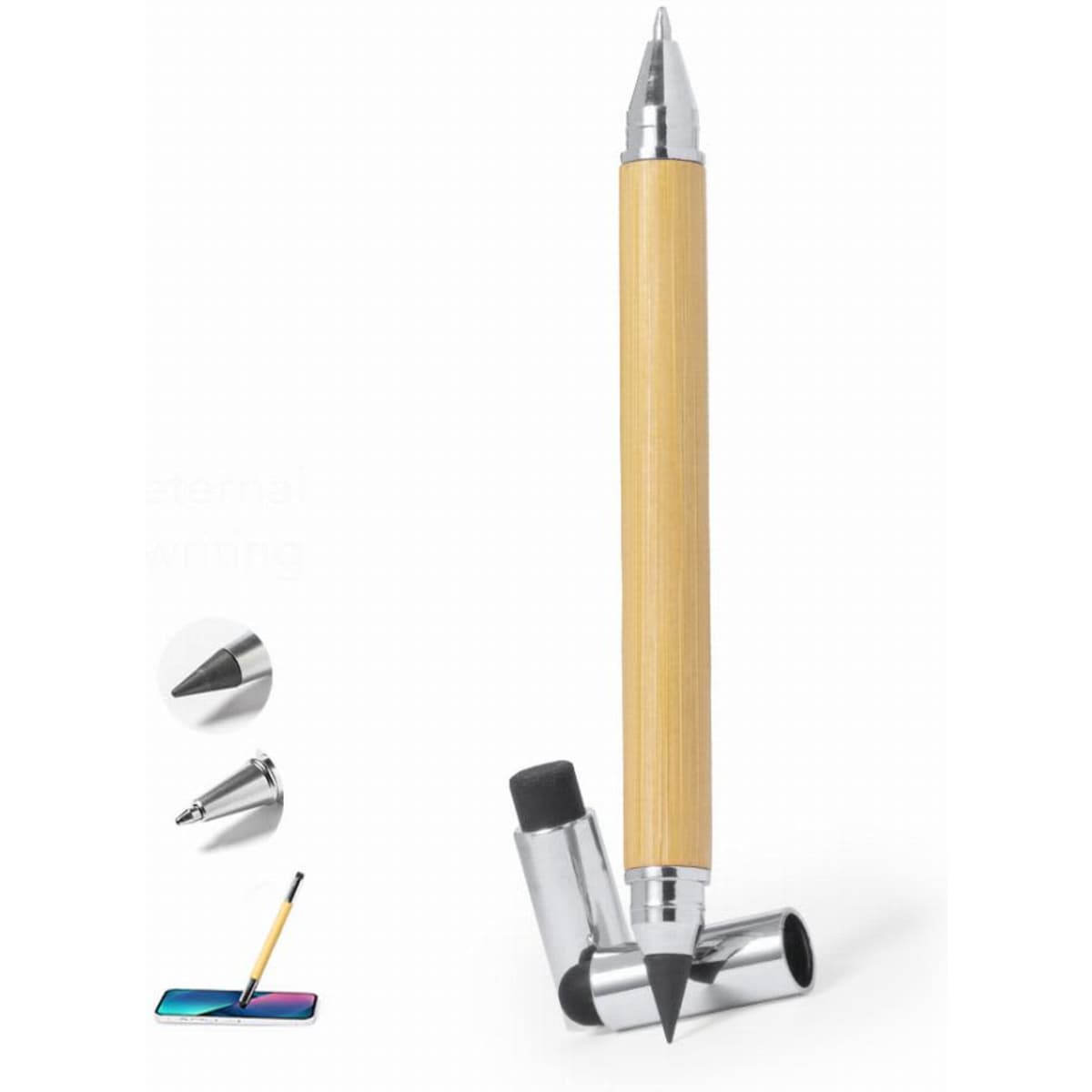 A pen with a bamboo barrel and silver accents, accompanied by a cap and stylus tip.