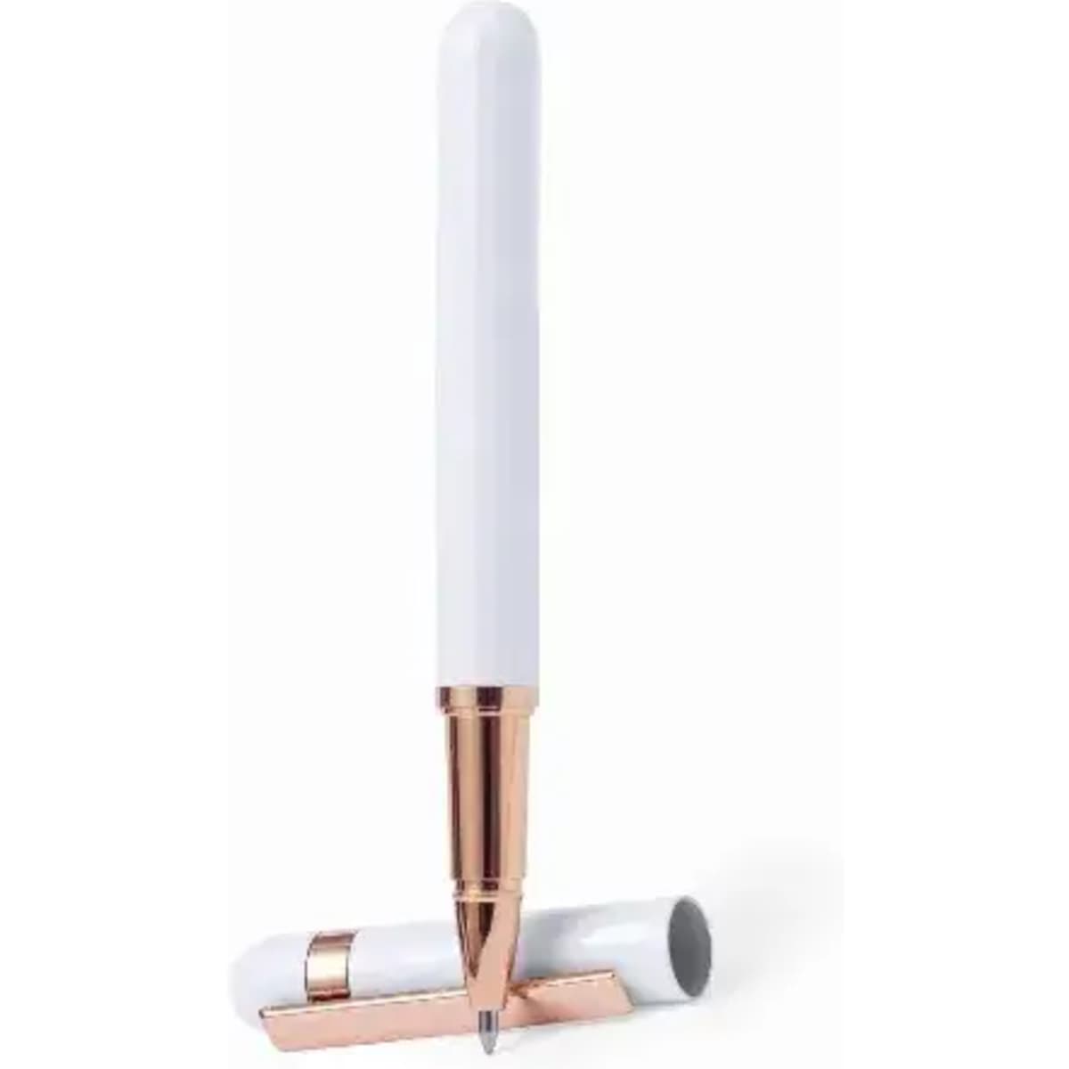 A pen with a white barrel and rose gold accents, positioned upright next to its matching cap.