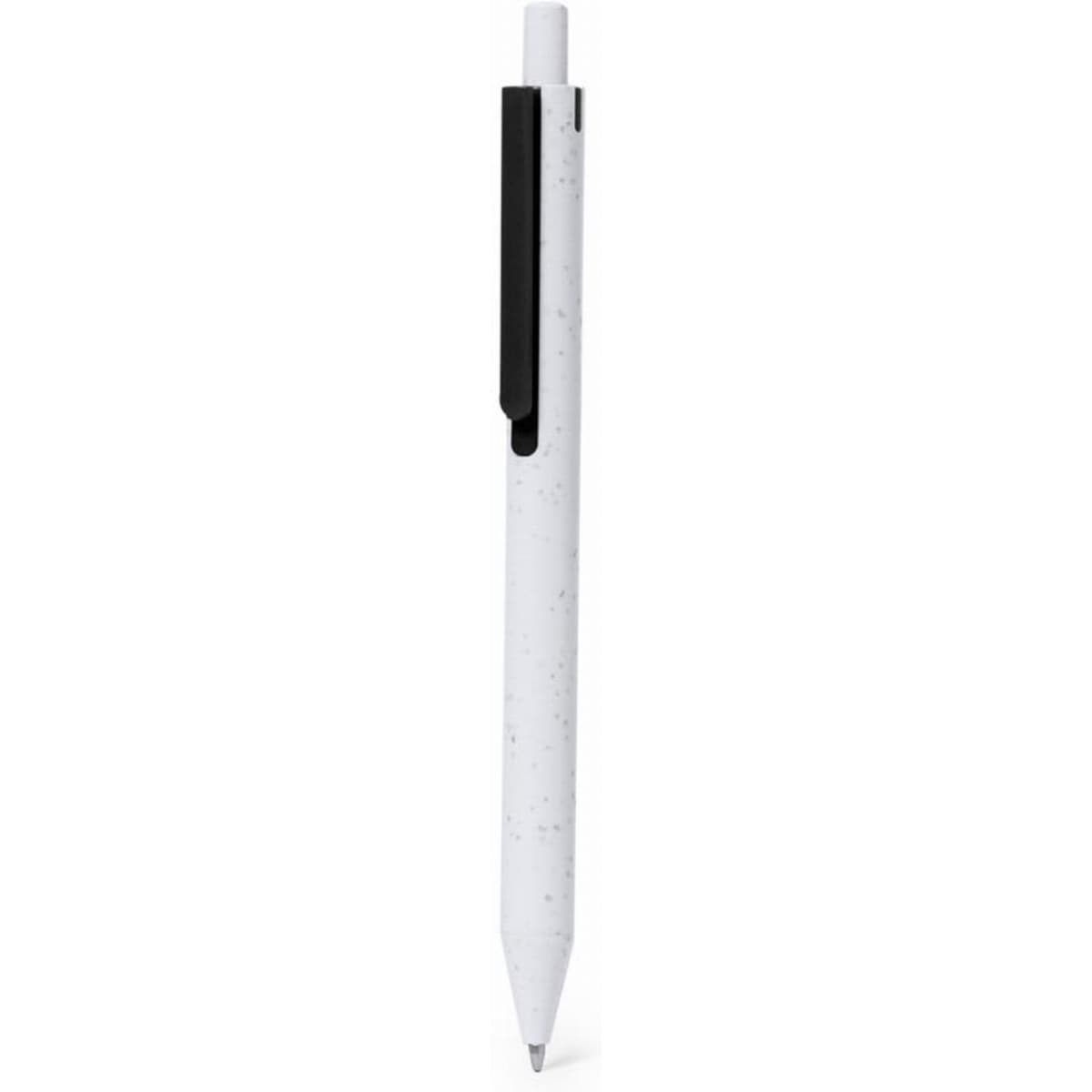 A pen with a white barrel featuring a black clip. The design has a speckled texture.