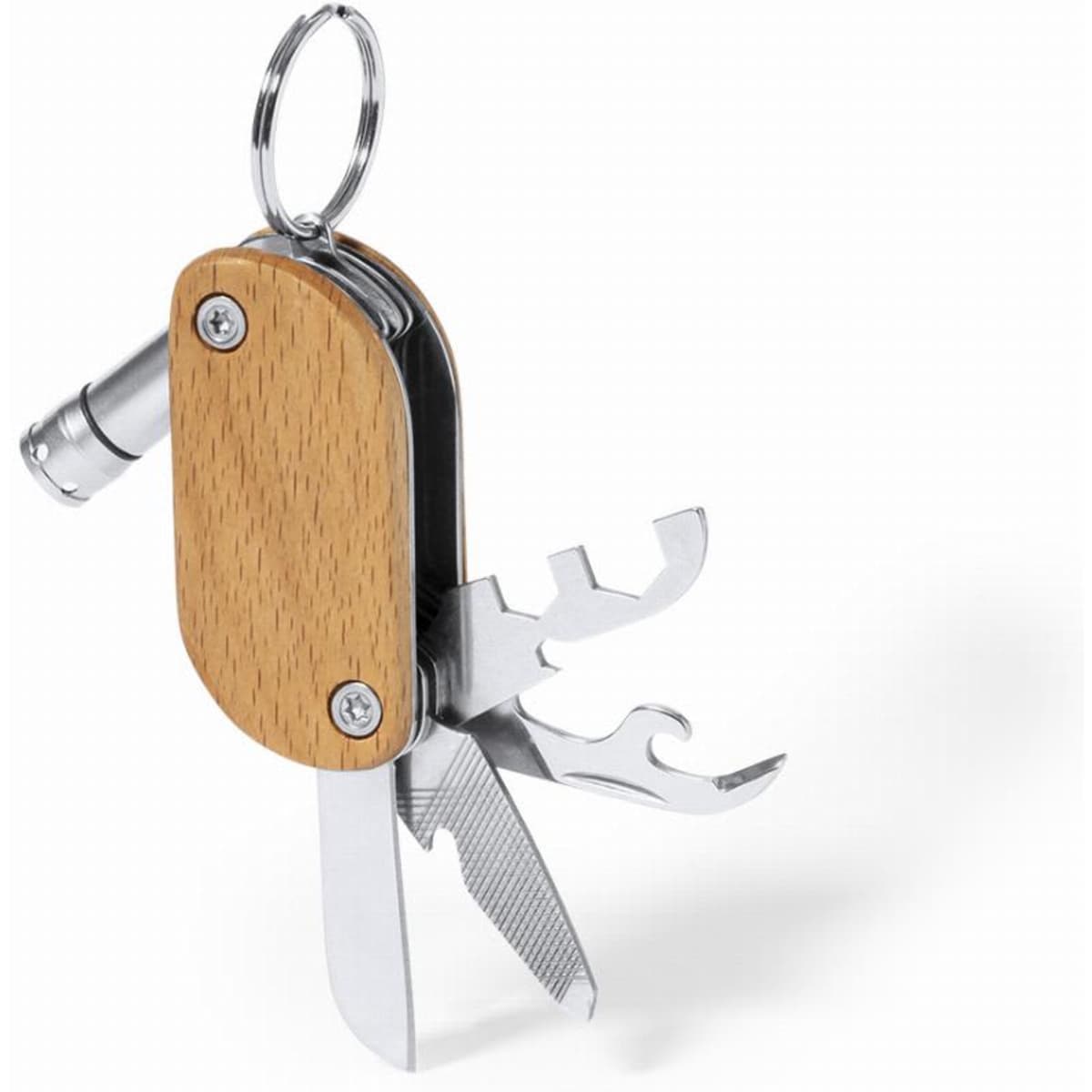 A multi-tool featuring a wooden handle with metallic tools, including a knife, screwdrivers, and a keyring attachment.