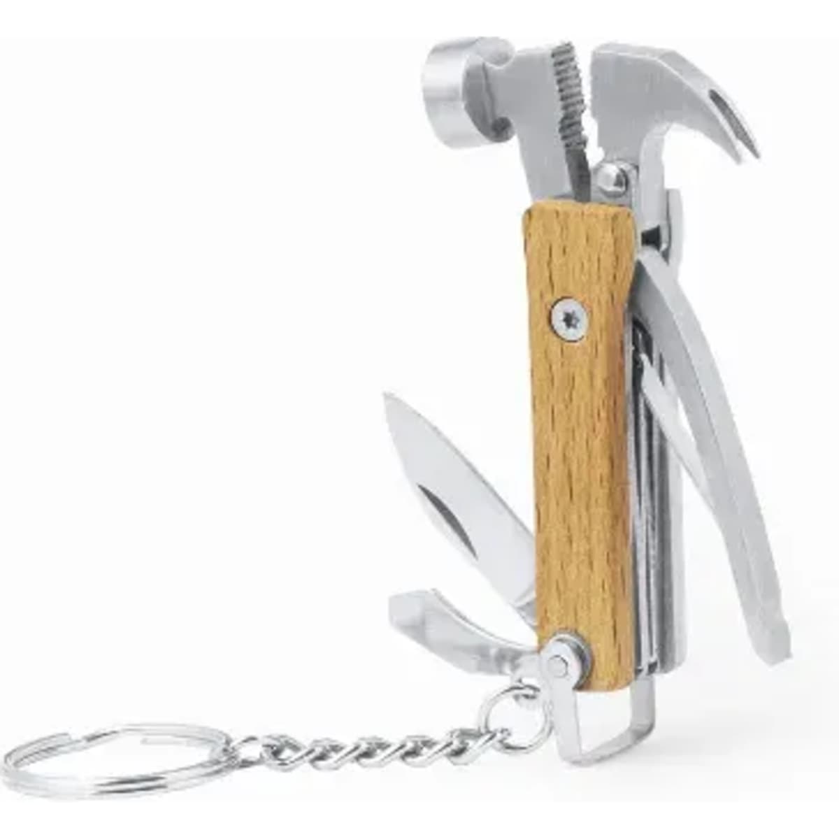 A multi-tool with a wooden handle and silver metal components, featuring a hammer, pliers, and various blades on a keychain.