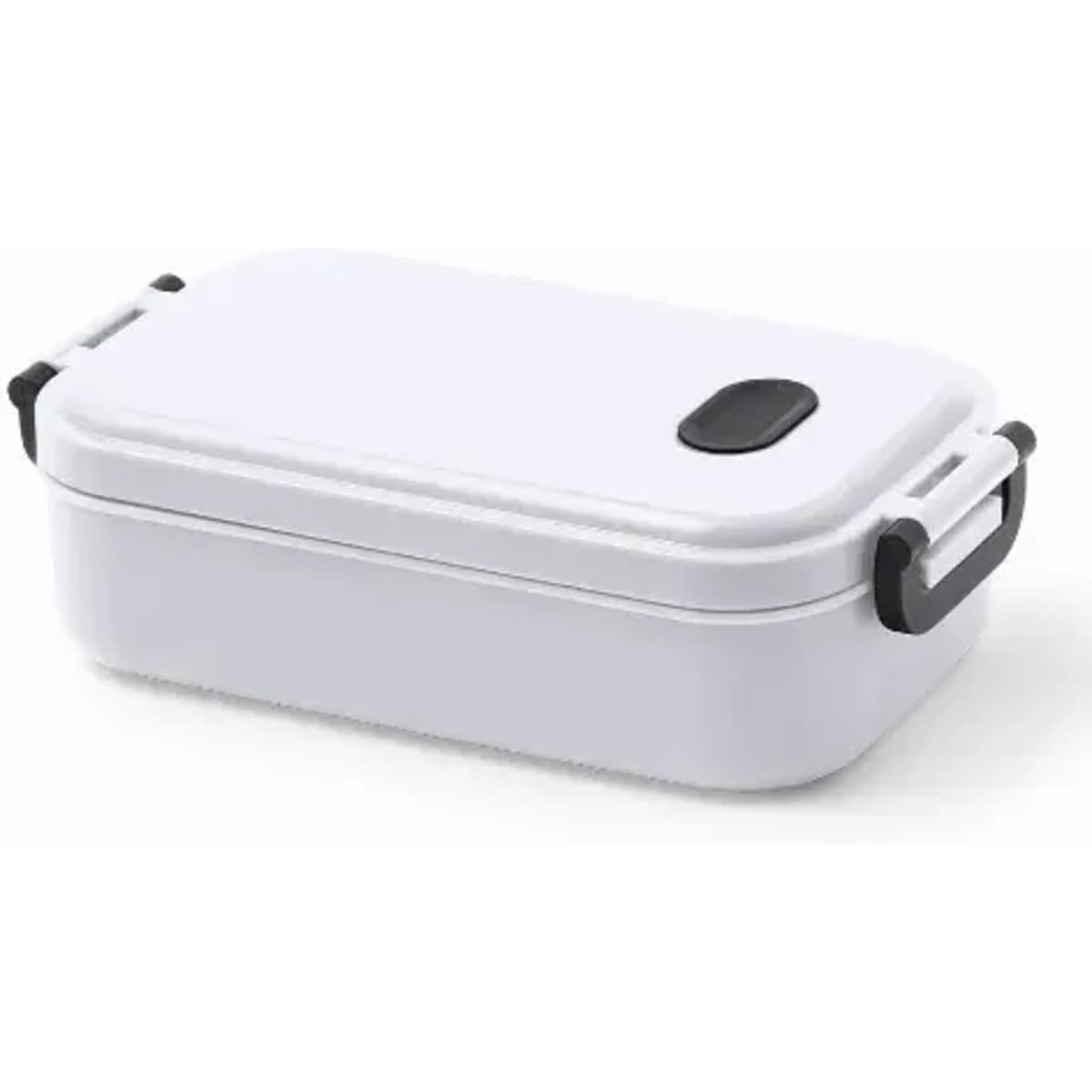 A food container in white with black accents, featuring a secure lid and two handles.