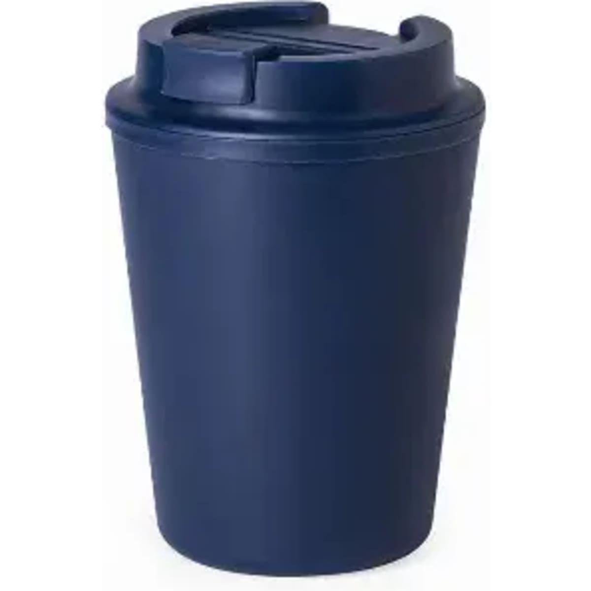 A drink bottle in navy blue with a secure lid and a sleek, modern design. It features a branding logo.