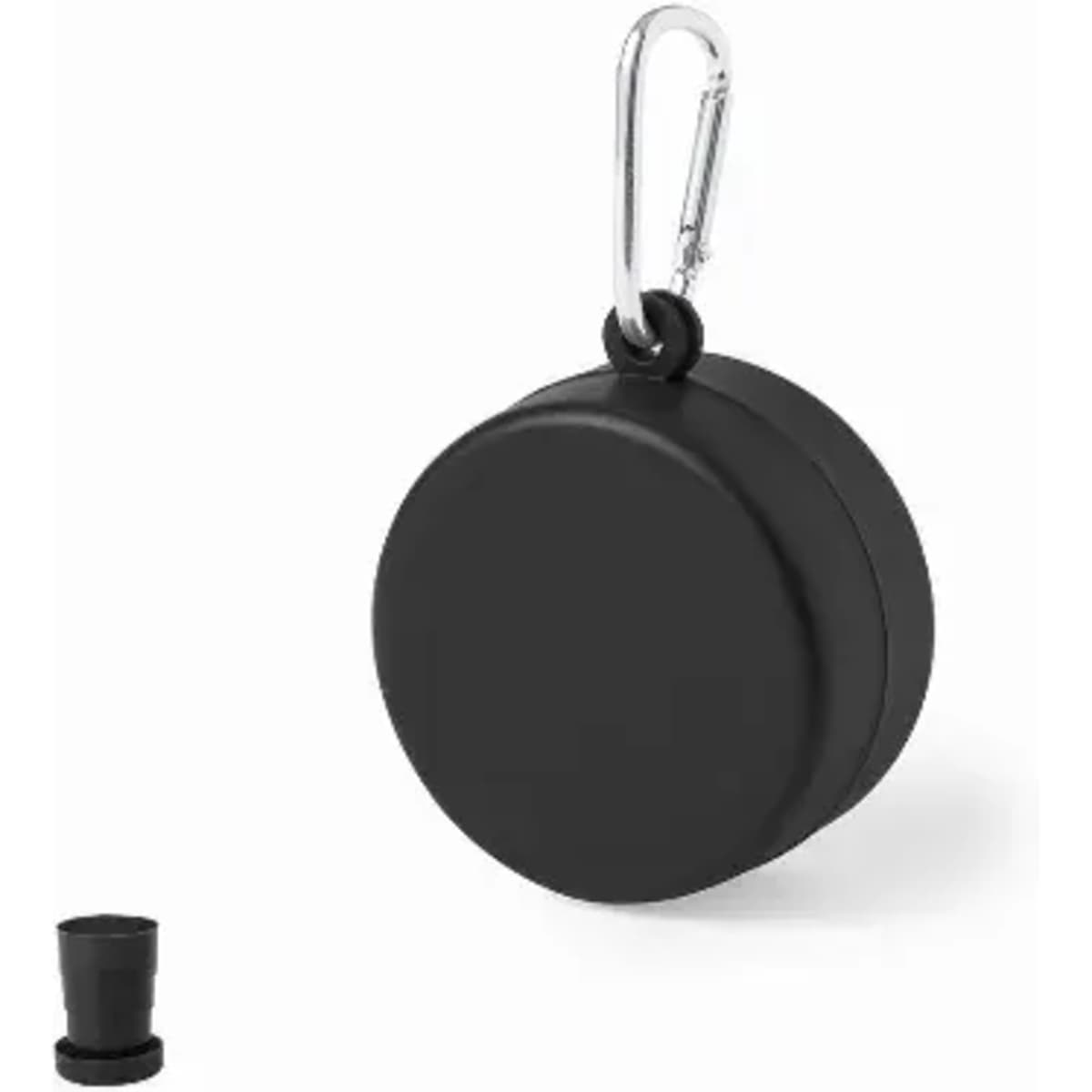 A black drink bottle with a carabiner clip, featuring a rounded design and an attached lid.